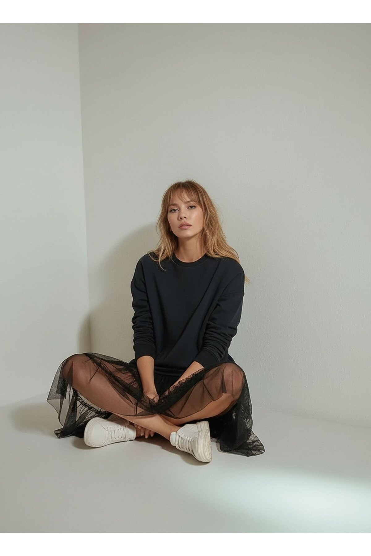 Kadın Eteği Tül Uzun Kol Pamuklu Spor Şık Sweat Curve Uzun Kol Büyük Beden Elbise