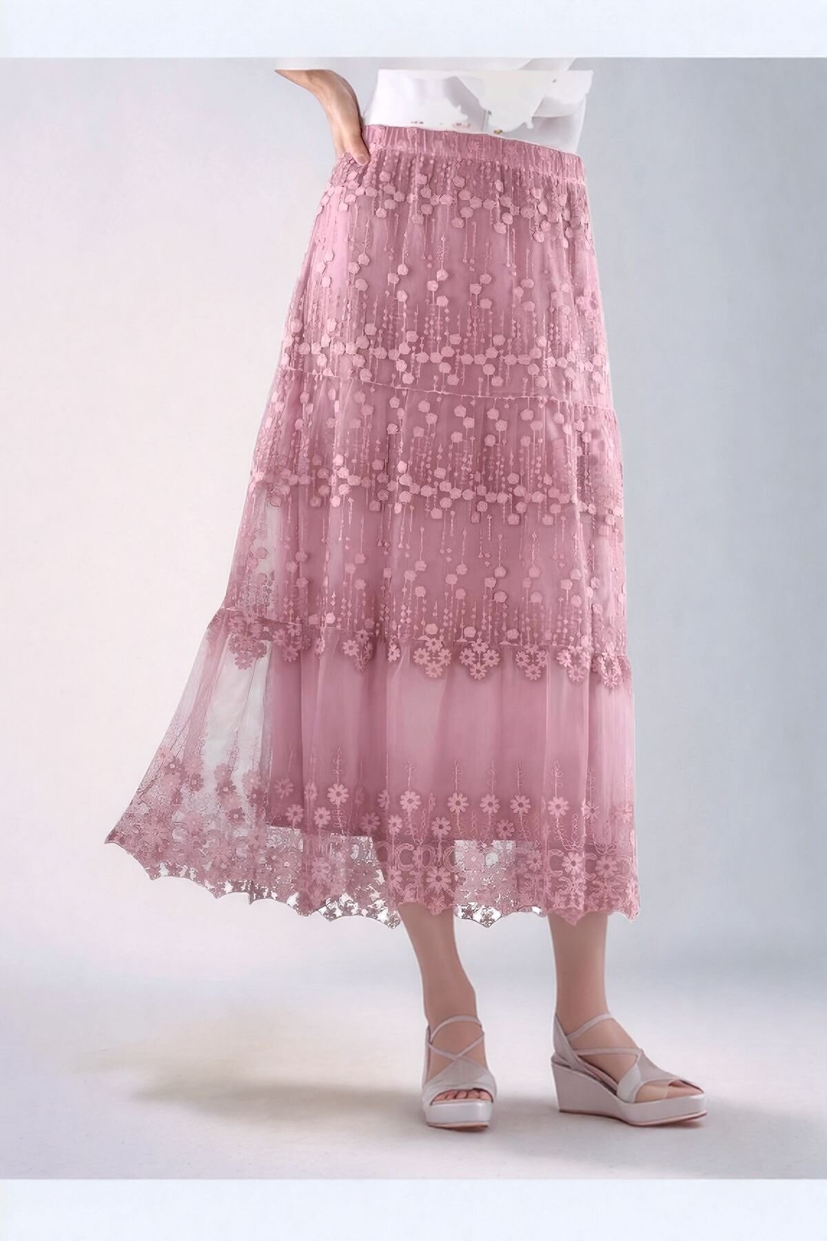 Kadın Etnik Dantel Ve Güpür Detaylı Astarlı Büyük Beden Curve Midi Boy Beli Lastikli Spor Şık Etek