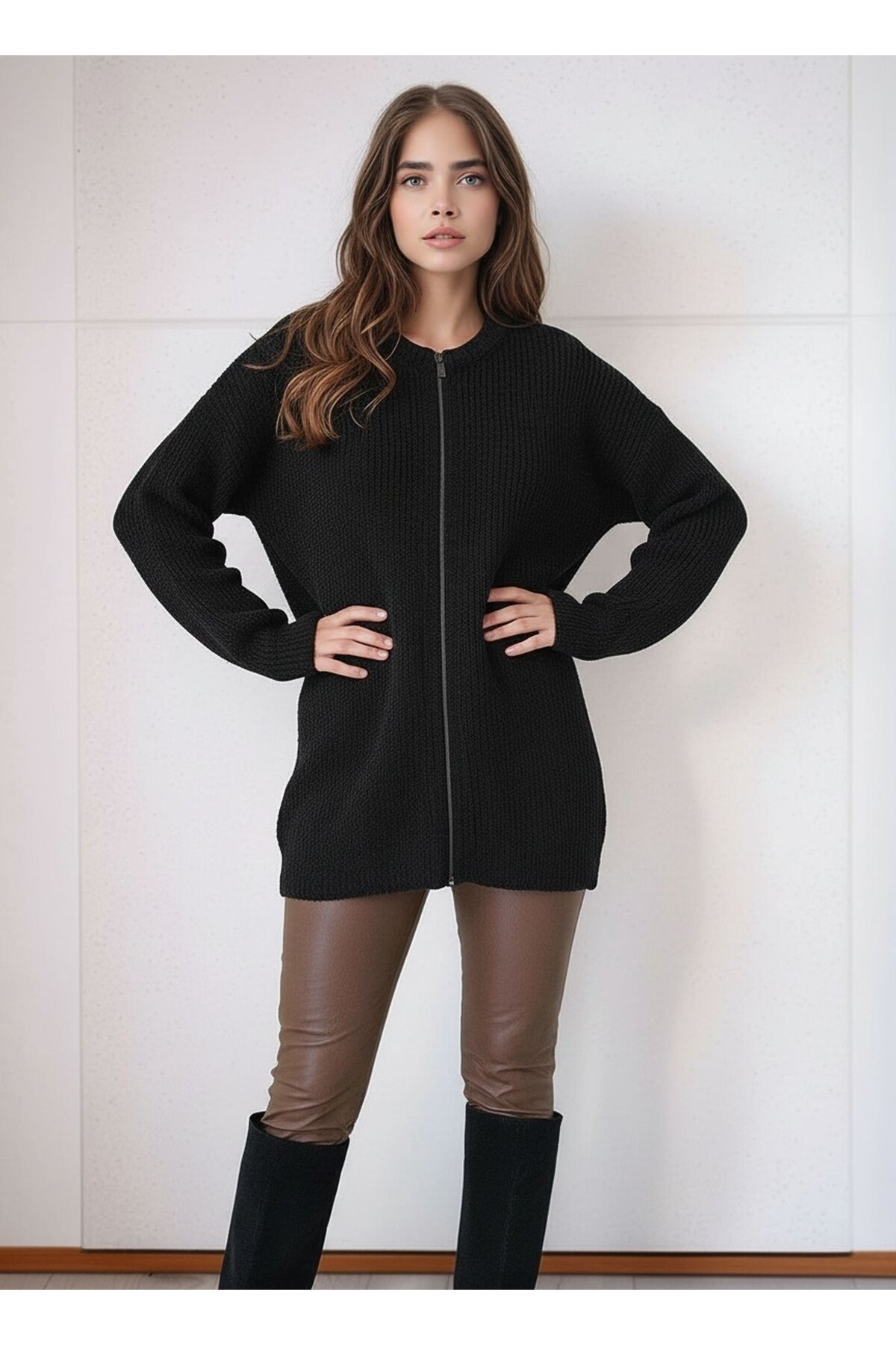 Kadın Fermuarlı Uzun Kol Spor Şık Tesettüre Uygun Büyük Beden Tunik Boy Ceket