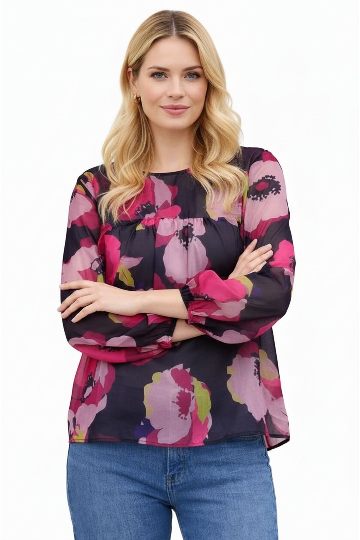 Kadın  Göğüsten Pileli Biiklet Yaka Şifon Curve Büyük Beden Spor Şık Desenli Bluz