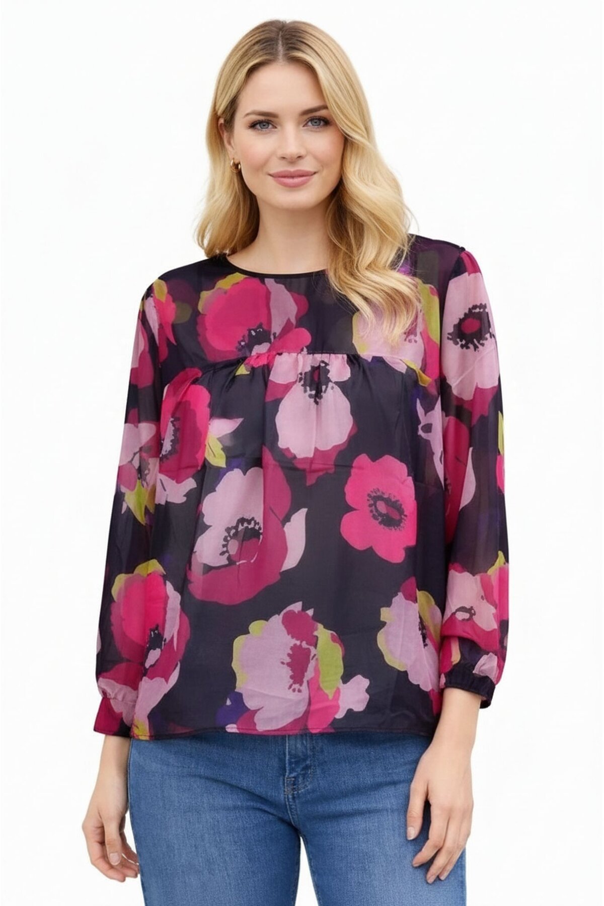 Kadın  Göğüsten Pileli Biiklet Yaka Şifon Curve Büyük Beden Spor Şık Desenli Bluz