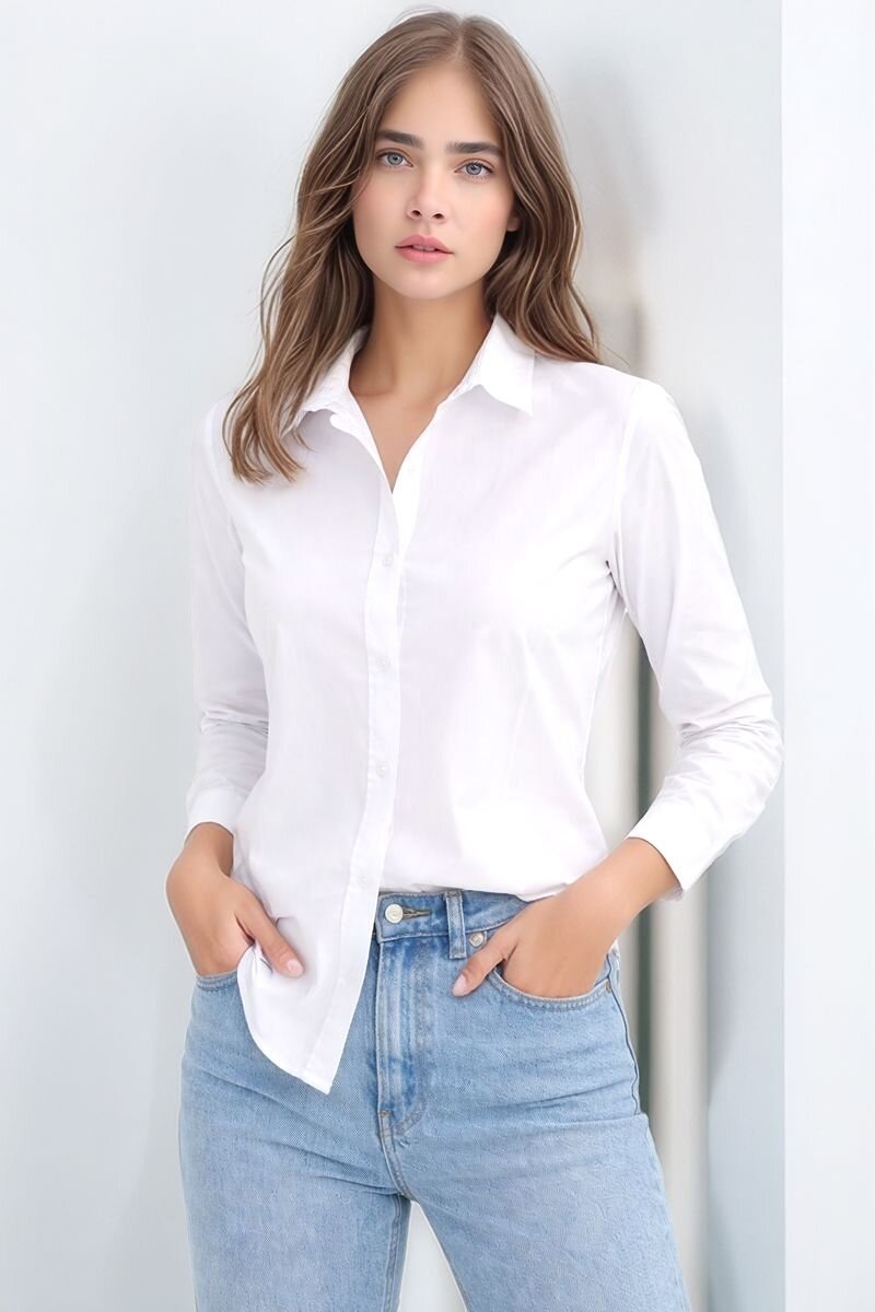 Kadın Gömlek Yaka Klasik Düz Düğmeli Tesettüre Uygun Uzun Kol Spor Şık İş Gömleği