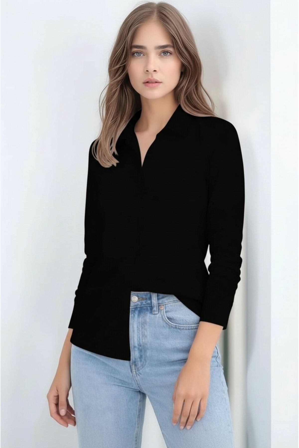 Kadın Gömlek Yaka Klasik Düz Düğmeli Tesettüre Uygun Uzun Kol Spor Şık İş Gömleği