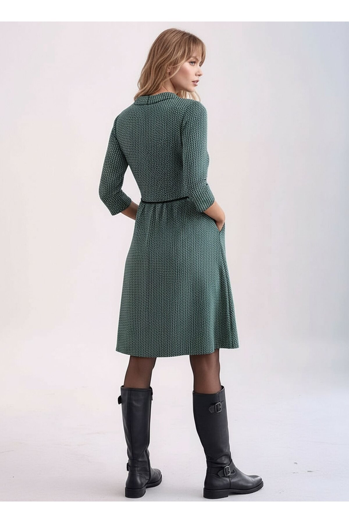 Kadın Degaje Yaka Uzun Kollu Cepli Büyük Beden Curve Şık Elbisesi