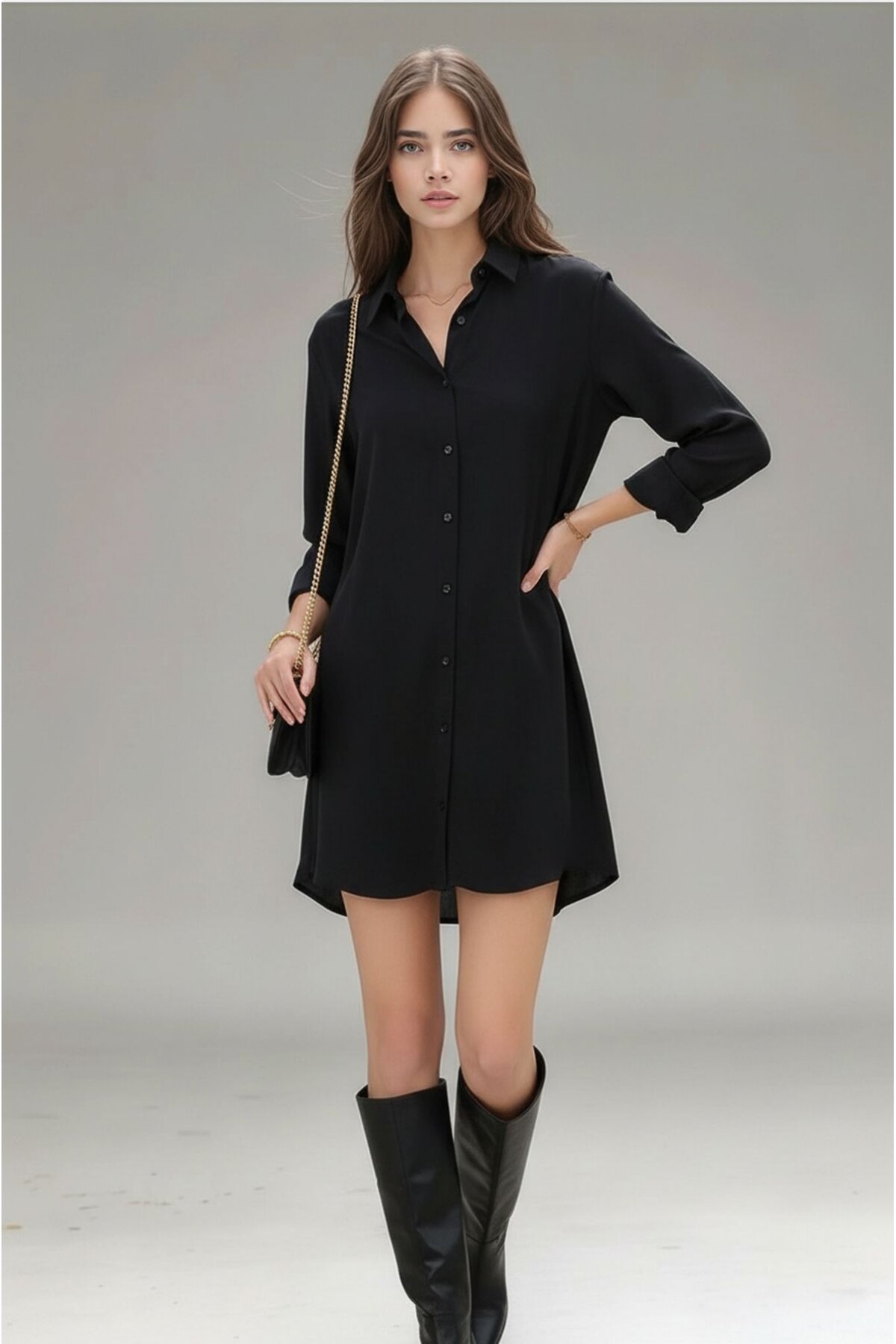 Kadın Gömlek Yaka Önden Düğmeli Uzun Kol Dar Kalıp Dokuma Saten Şık Elbise