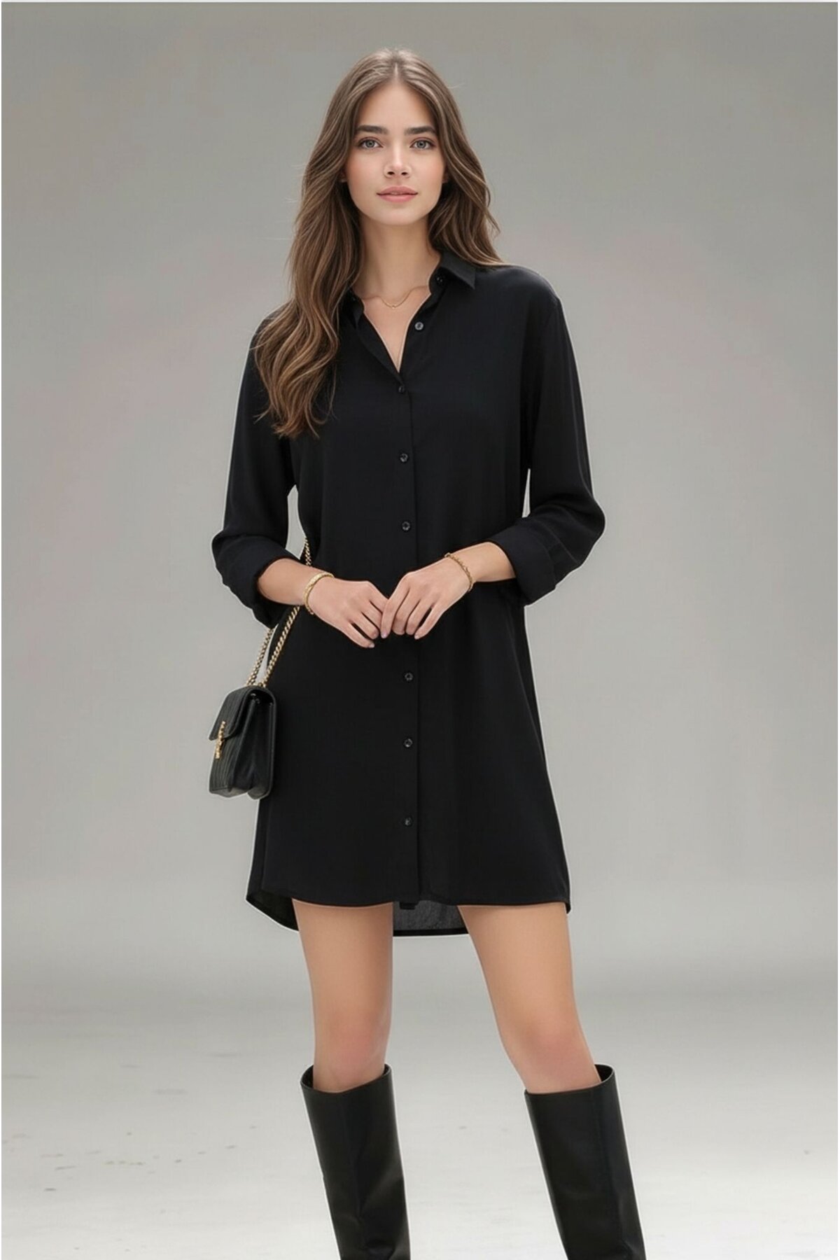 Kadın Gömlek Yaka Önden Düğmeli Uzun Kol Dar Kalıp Dokuma Saten Şık Elbise