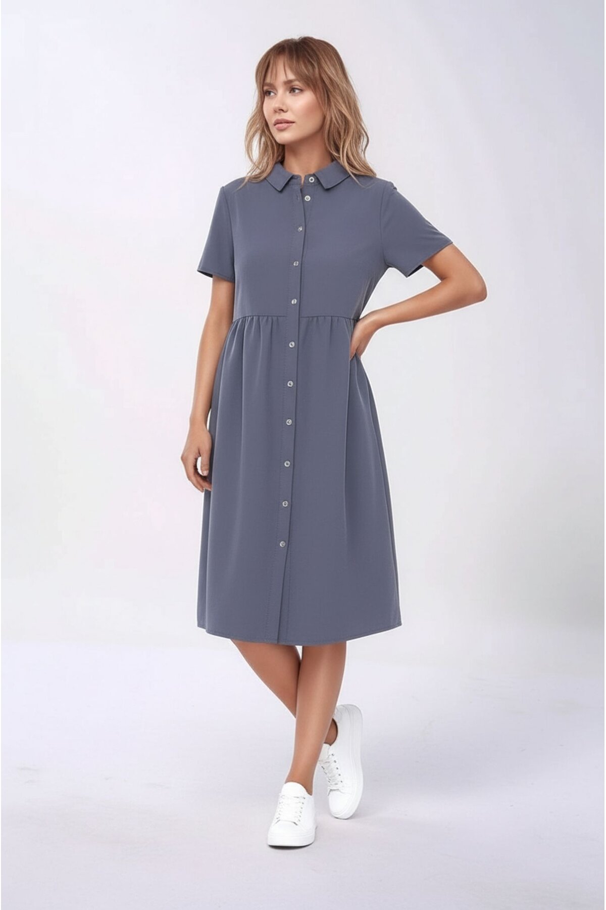 Kadın Gömlek Yaka Önden Düğmeli Yarım Kol Büyük Beden Curve Hamile Günlük Elbise