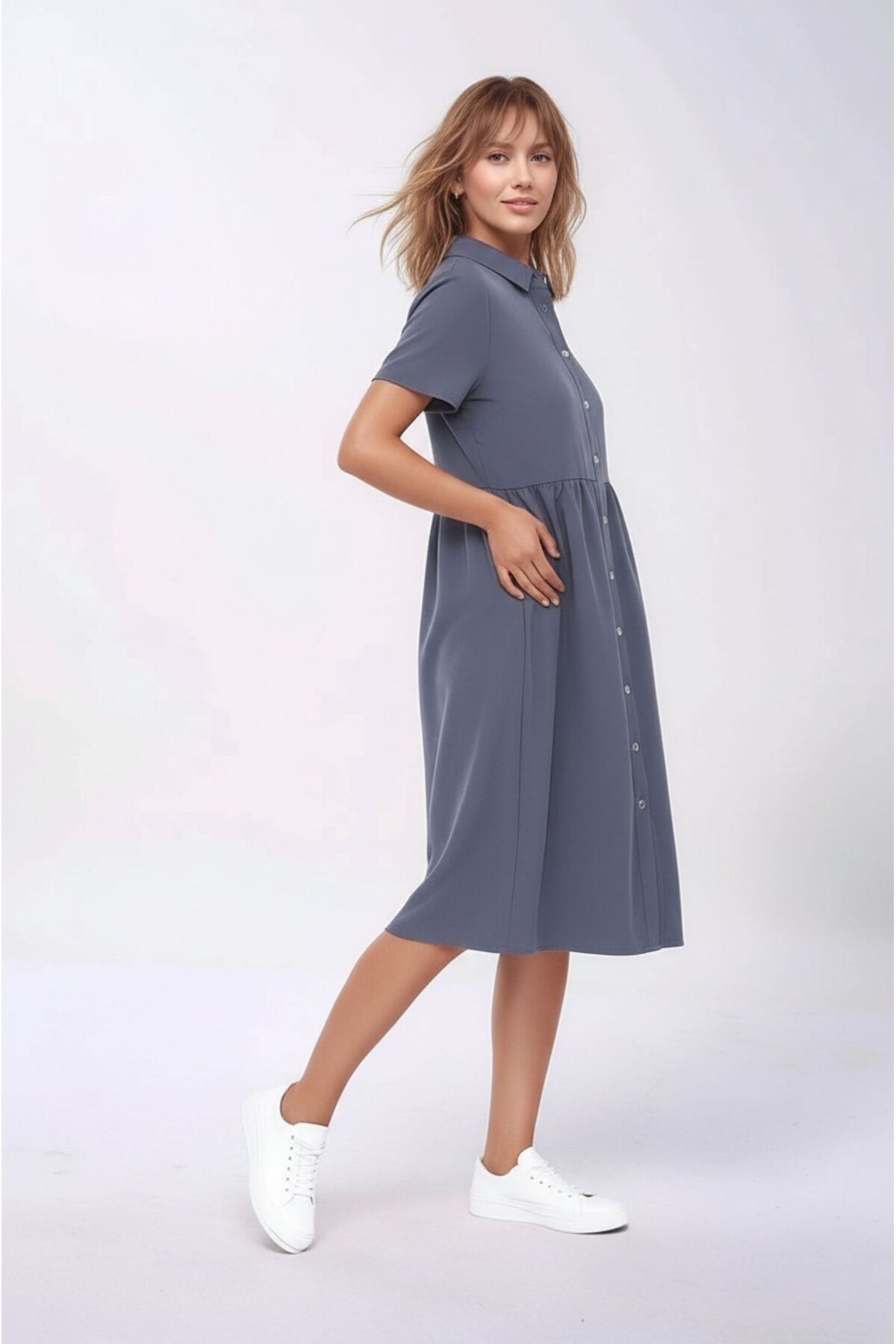 Kadın Gömlek Yaka Önden Düğmeli Yarım Kol Büyük Beden Curve Hamile Günlük Elbise