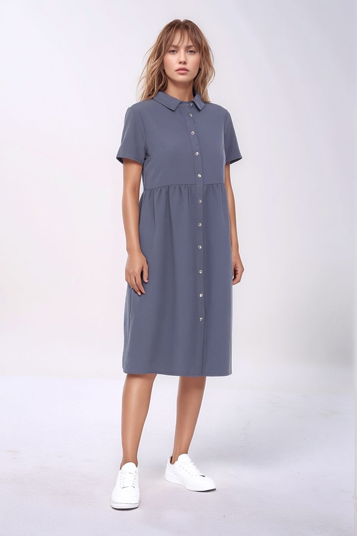 Kadın Gömlek Yaka Önden Düğmeli Yarım Kol Büyük Beden Curve Hamile Günlük Elbise