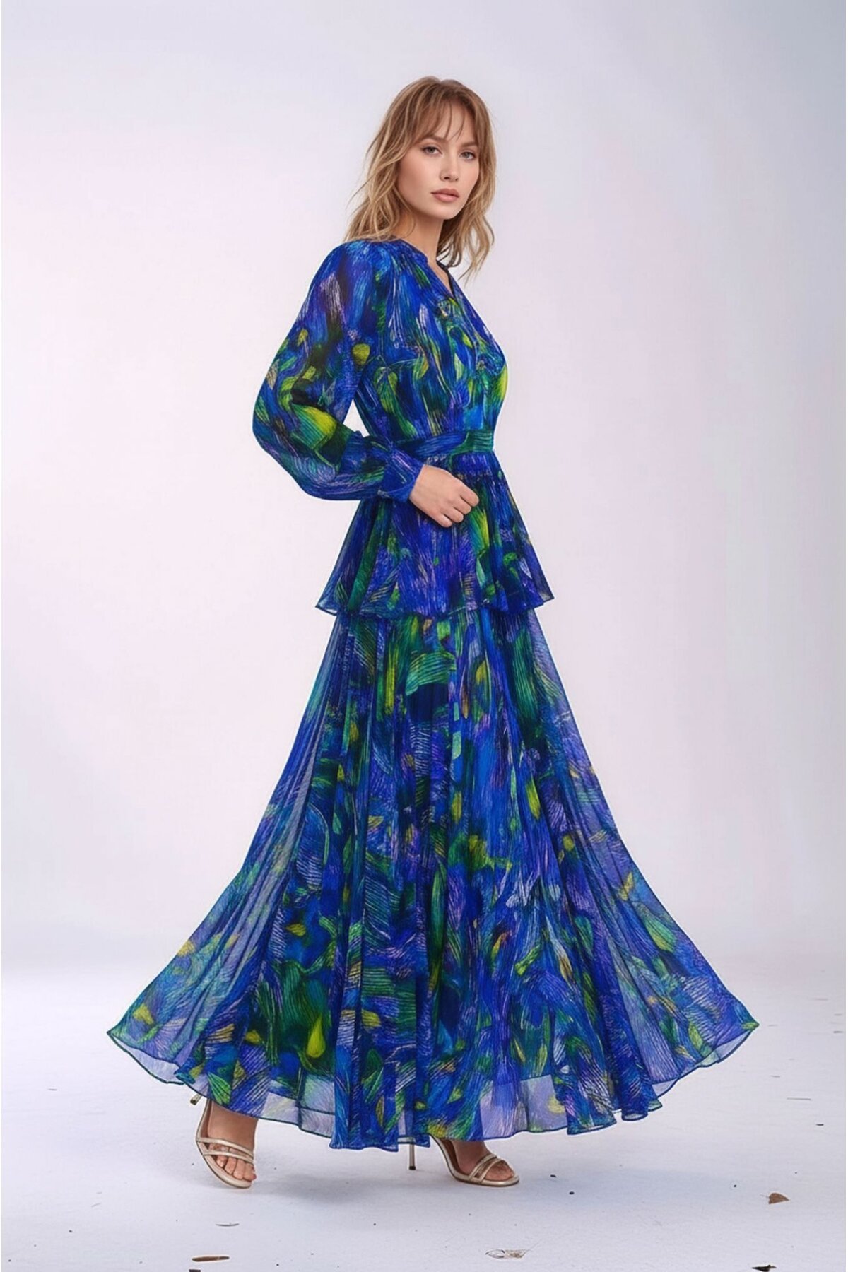 Kadın Gömlek Yaka Tül Şifon Beli Asimetrik Katlı Tesesttüre Uygun Maxi Boy Uzun Kol Abiye Elbise