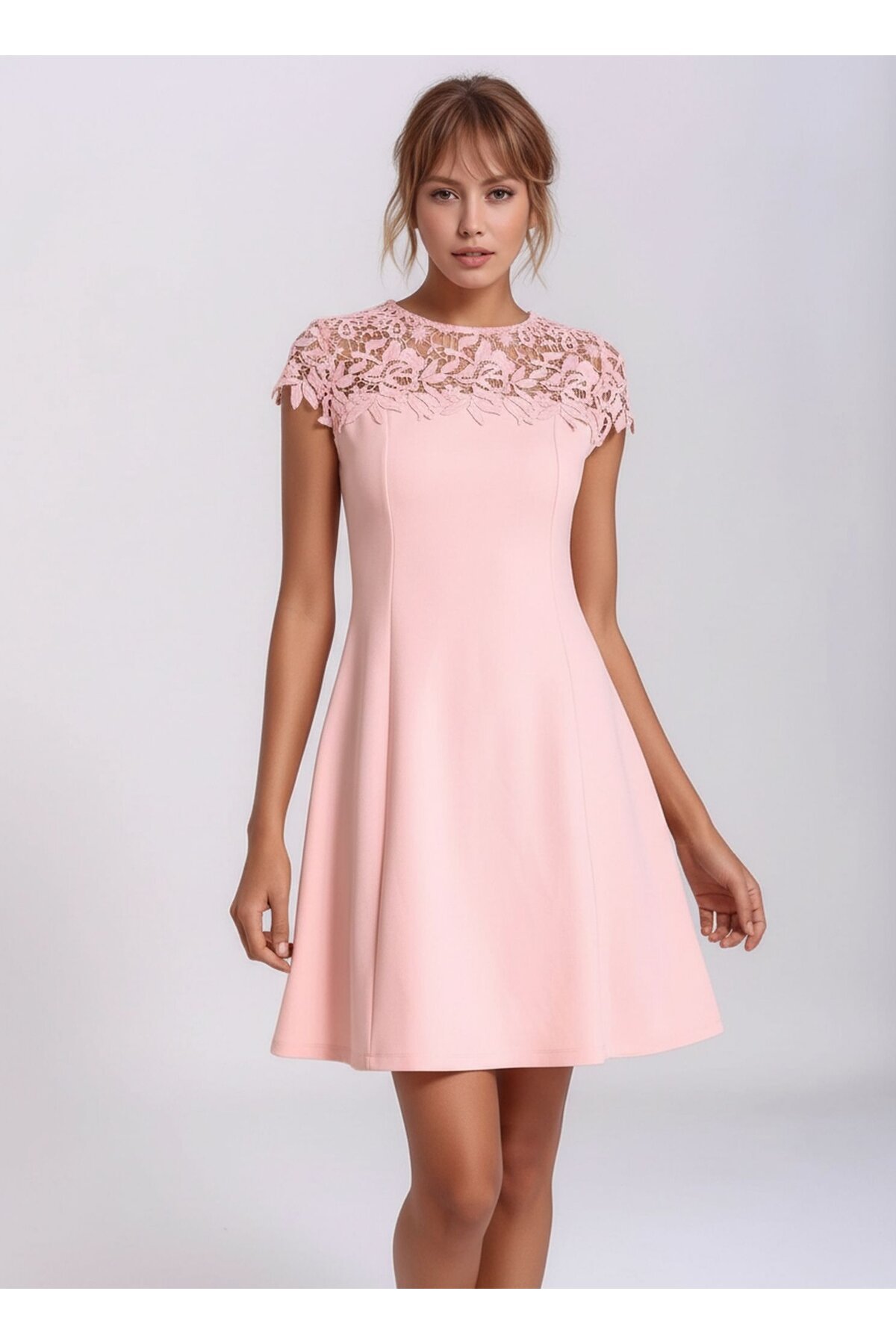 Kadın Güpür Çiçekli Yaka Çan Etekli Abiye Mezuniyet Şık Mini Elbise