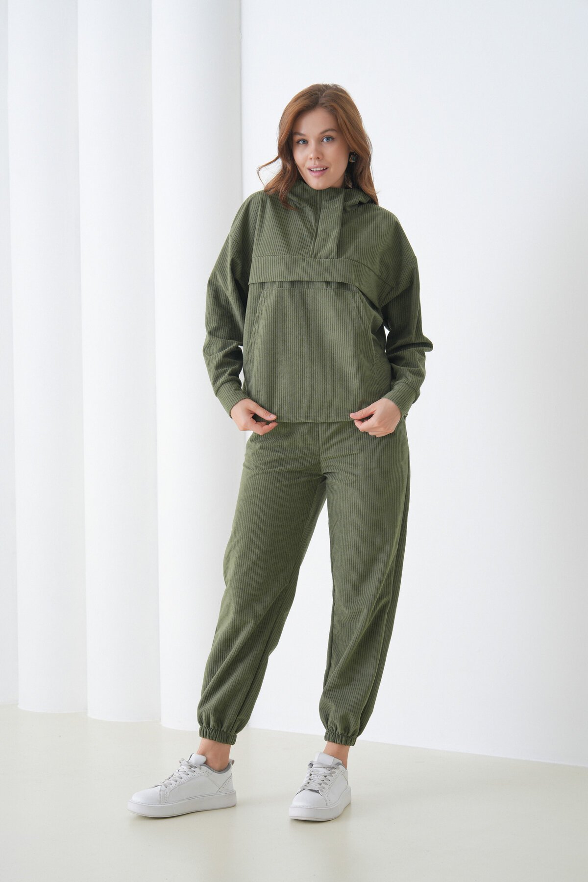 Kadın Kadife Oversize Salaş Kangru Cep Kapşonlu Sweatshirt Lastik Paça Spor Şık Eşofman Takımı