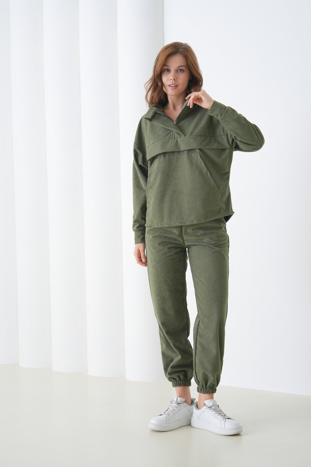 Kadın Kadife Oversize Salaş Kangru Cep Kapşonlu Sweatshirt Lastik Paça Spor Şık Eşofman Takımı