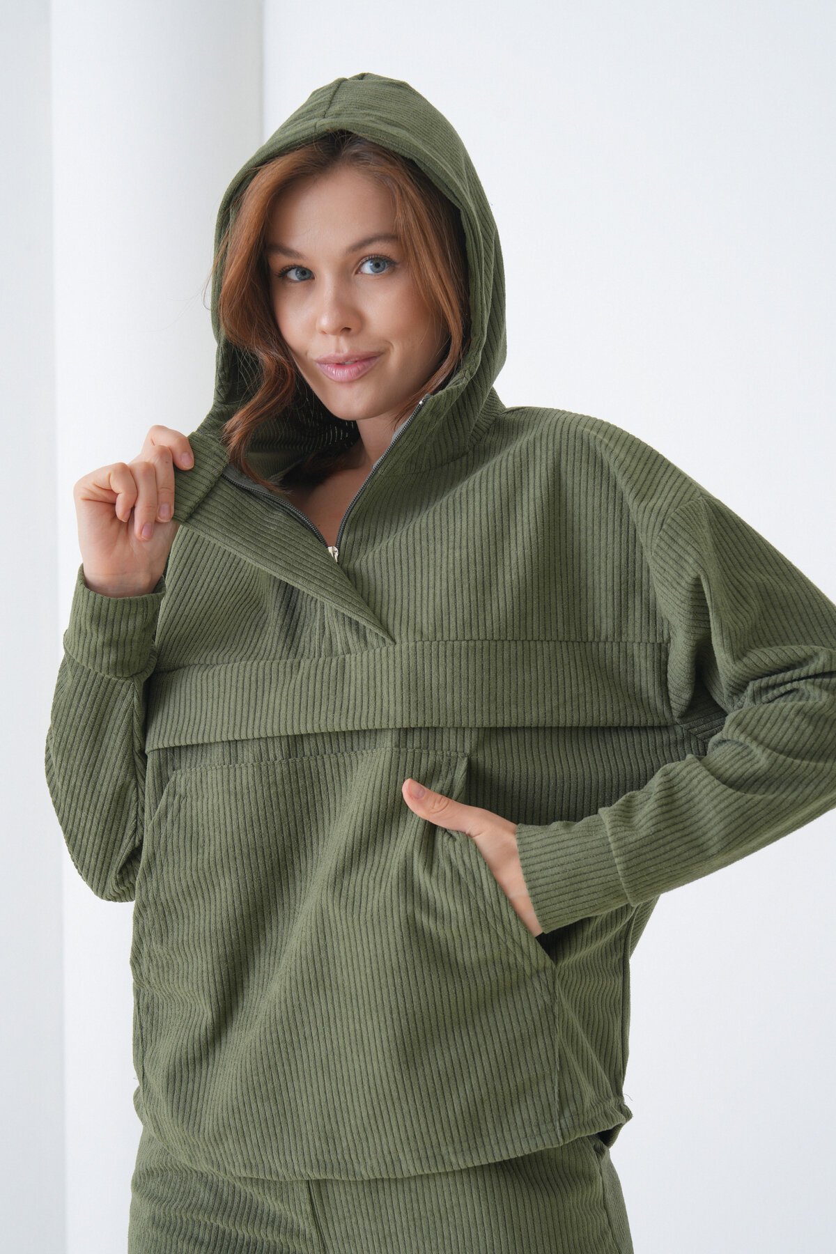 Kadın Kadife Oversize Salaş Kangru Cep Kapşonlu Sweatshirt Lastik Paça Spor Şık Eşofman Takımı