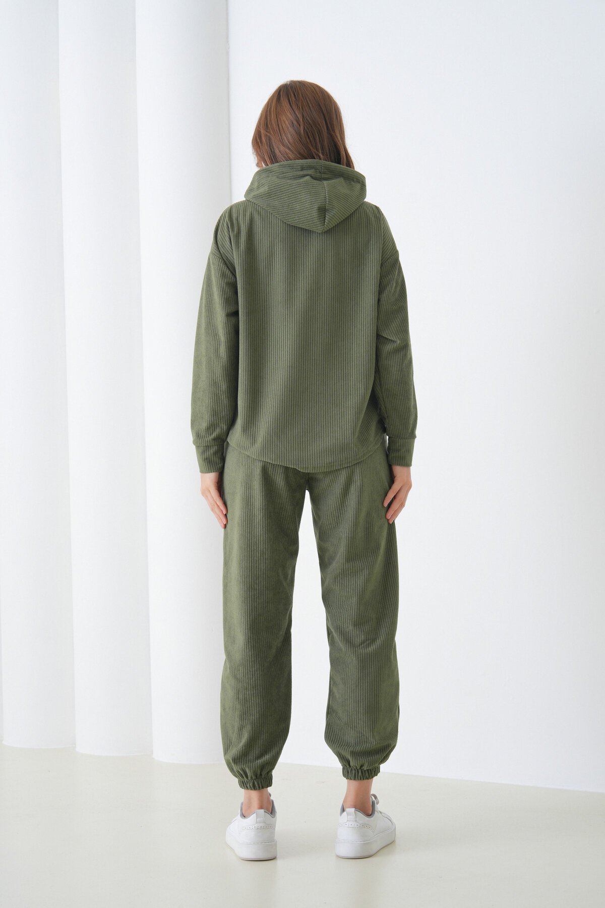 Kadın Kadife Oversize Salaş Kangru Cep Kapşonlu Sweatshirt Lastik Paça Spor Şık Eşofman Takımı