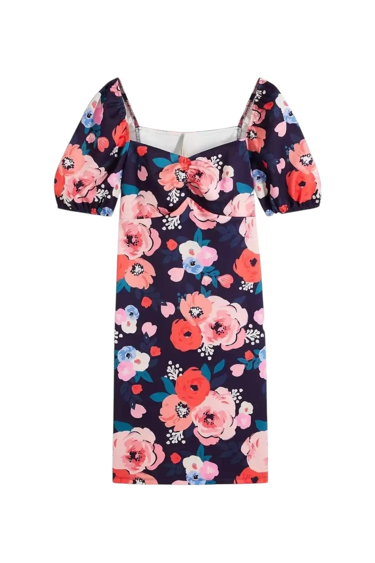 Kadın Kalp Yaka Balon Kol Önden Büzgü Çiçek Desen Asimetrik Etek Büyük Beden Curve Midi Boy Elbise
