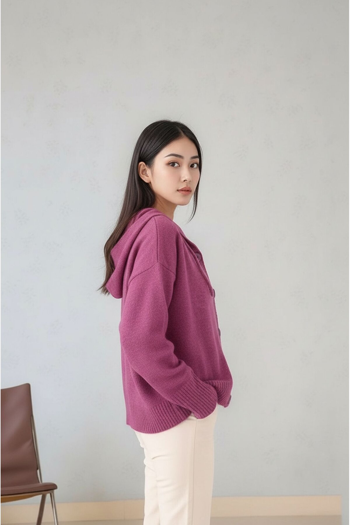 Kadın Kapüşonlu Önden Düğmeli Yumoş Triko Spor Şık Tesettüre Uygun Kışlık Ceket