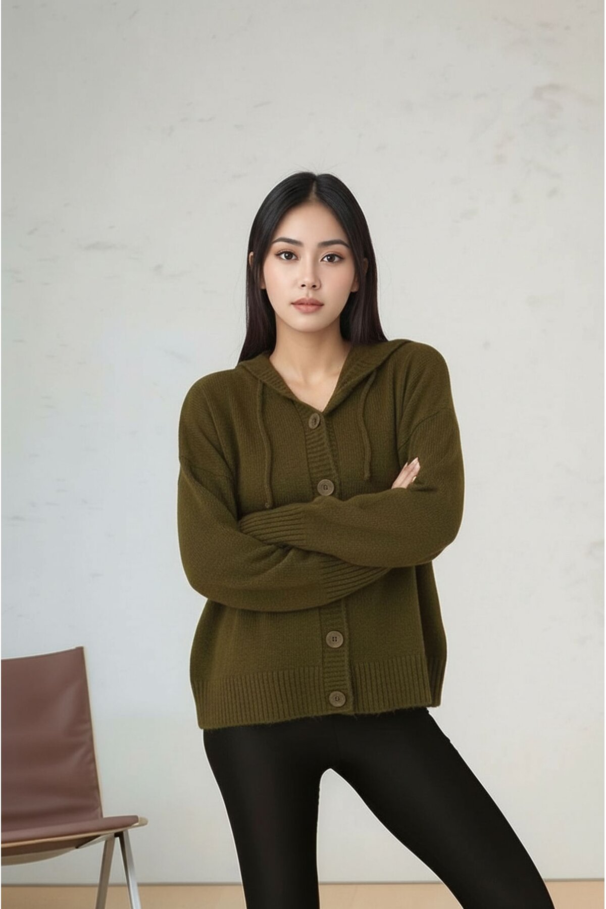 Kadın Kapüşonlu Önden Düğmeli Yumoş Triko Spor Şık Tesettüre Uygun Kışlık Ceket