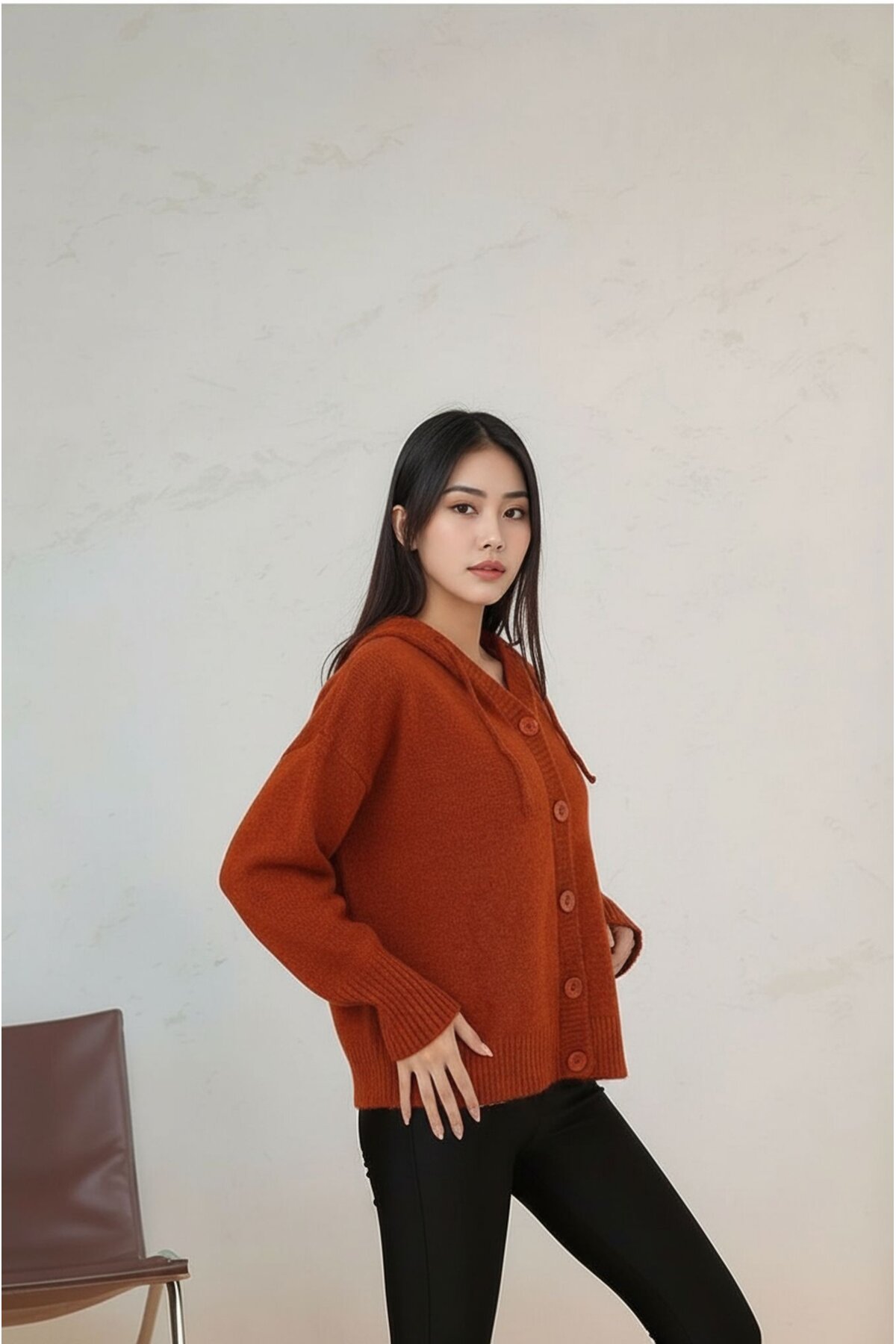 Kadın Kapüşonlu Önden Düğmeli Yumoş Triko Spor Şık Tesettüre Uygun Kışlık Ceket