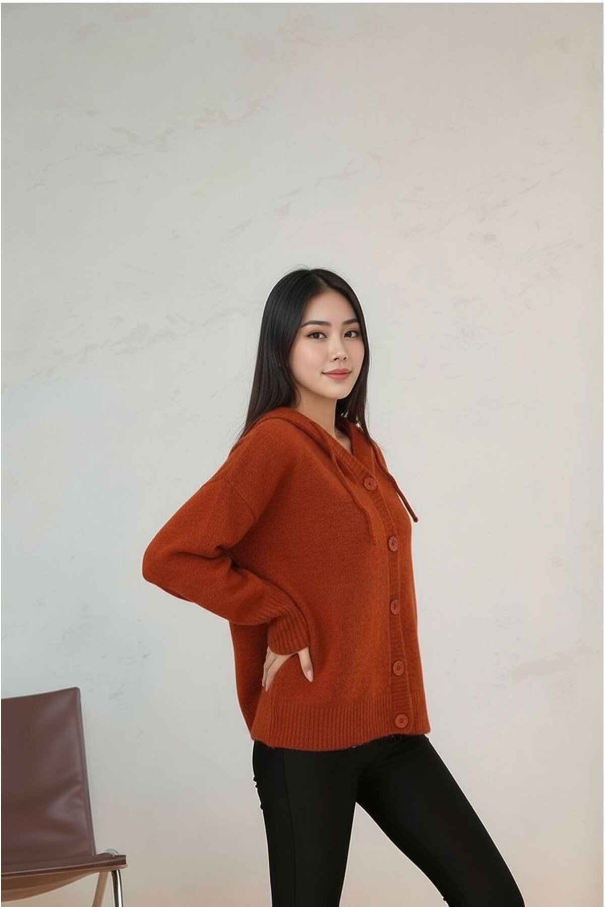 Kadın Kapüşonlu Önden Düğmeli Yumoş Triko Spor Şık Tesettüre Uygun Kışlık Ceket