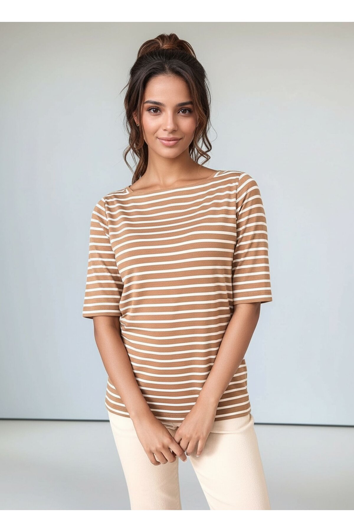 Kadın Kare Yaka Yarım Kol Çizgili Viskon Spor Şık Günlük Büyük Beden Curve Bluz