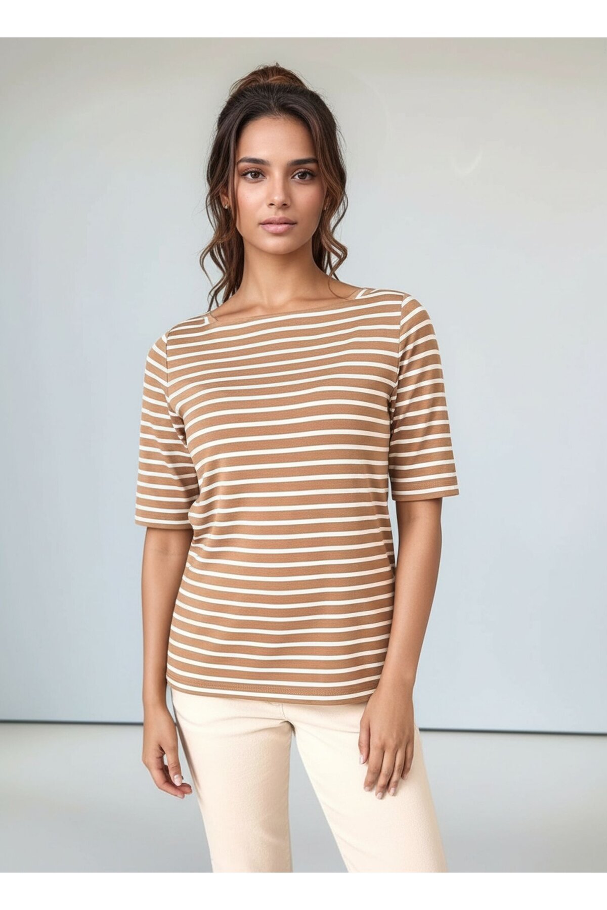 Kadın Kare Yaka Yarım Kol Çizgili Viskon Spor Şık Günlük Büyük Beden Curve Bluz