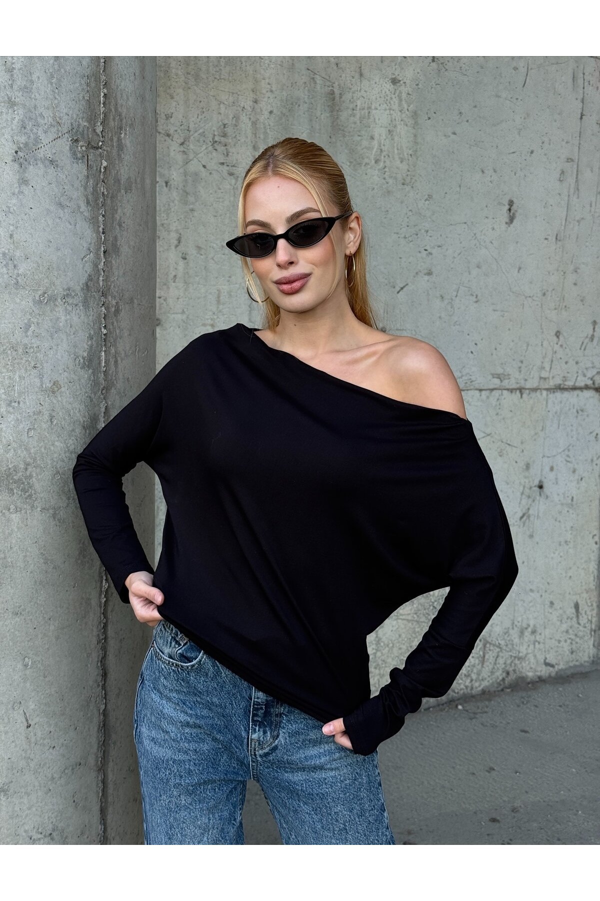 Kadın Kayık Yaka Full Esnek Asimetrik Kesim Comfort Spor Şık Tasarım Yumoş Bluz