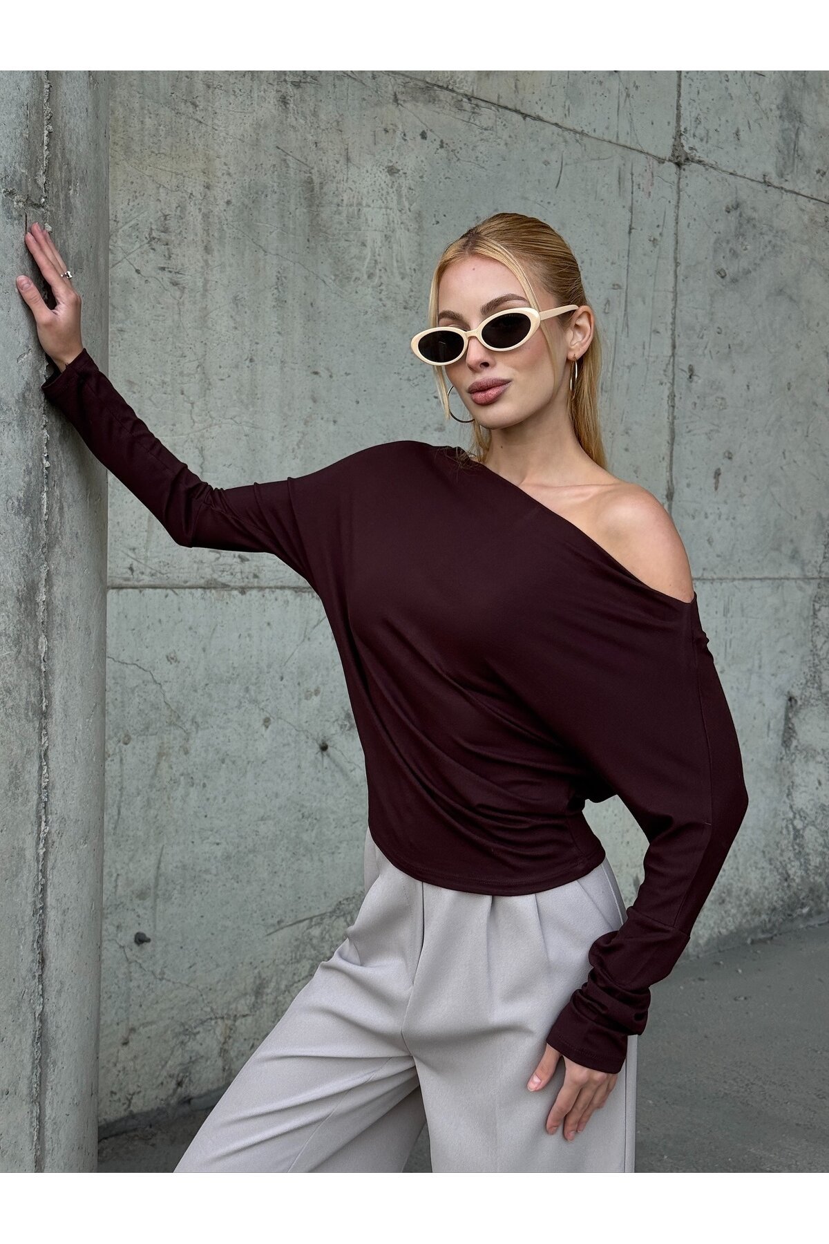 Kadın Kayık Yaka Full Esnek Asimetrik Kesim Comfort Spor Şık Tasarım Yumoş Bluz