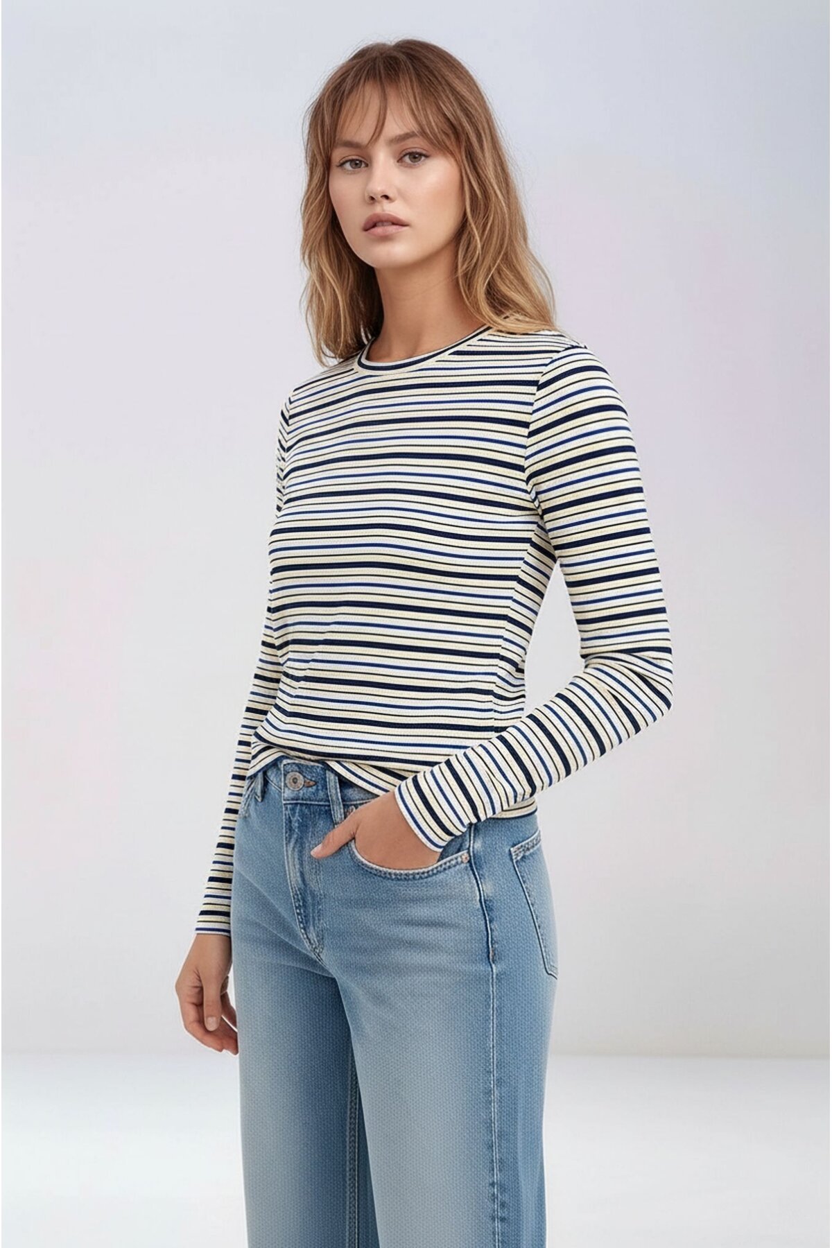 Kadın Bisiklet Yaka Full Esnek Çizgili Comfort Spor Şık Tasarım Yumoş Bluz
