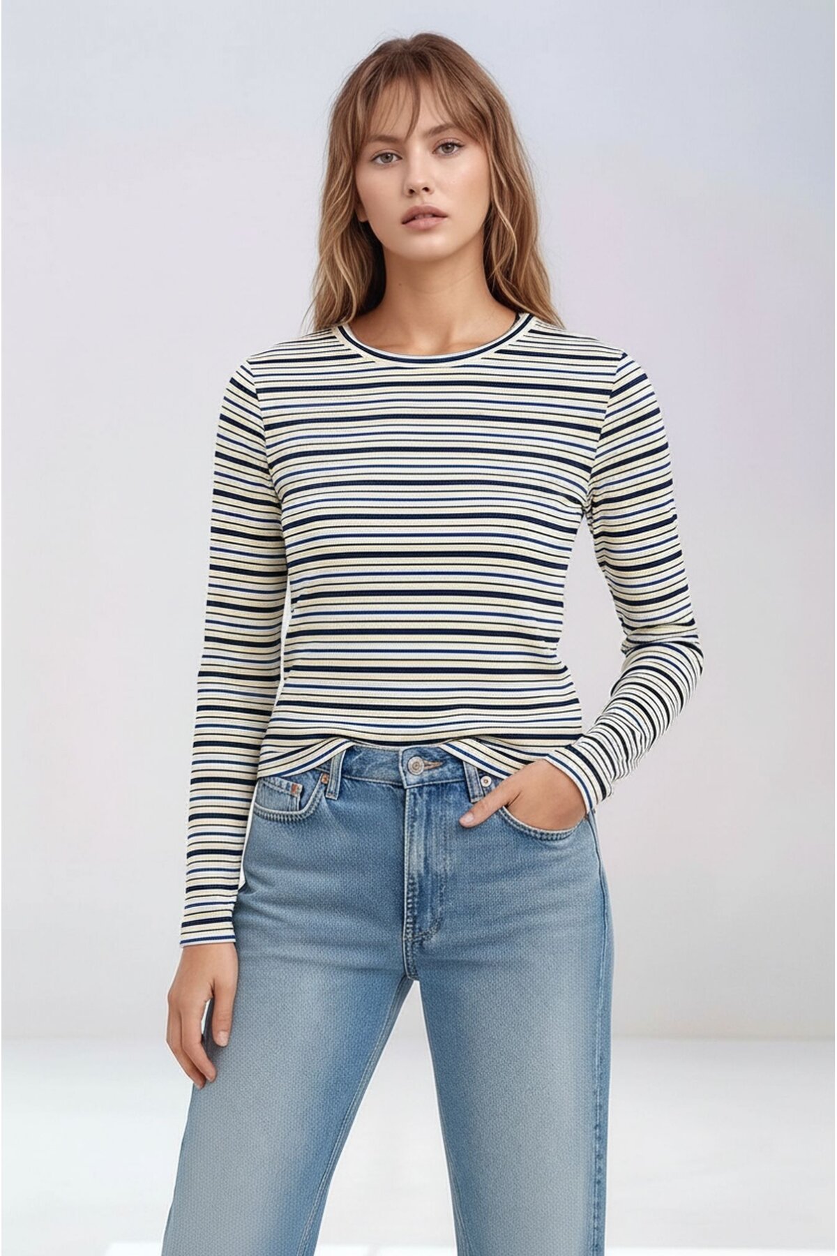 Kadın Bisiklet Yaka Full Esnek Çizgili Comfort Spor Şık Tasarım Yumoş Bluz