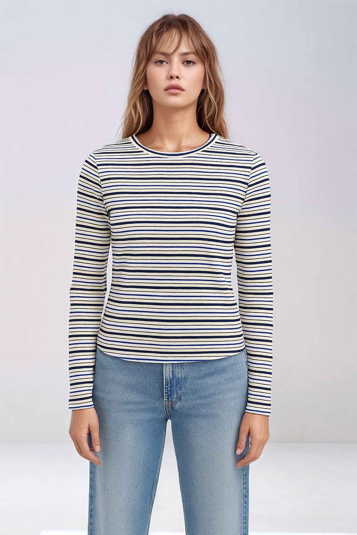 Kadın Bisiklet Yaka Full Esnek Çizgili Comfort Spor Şık Tasarım Yumoş Bluz