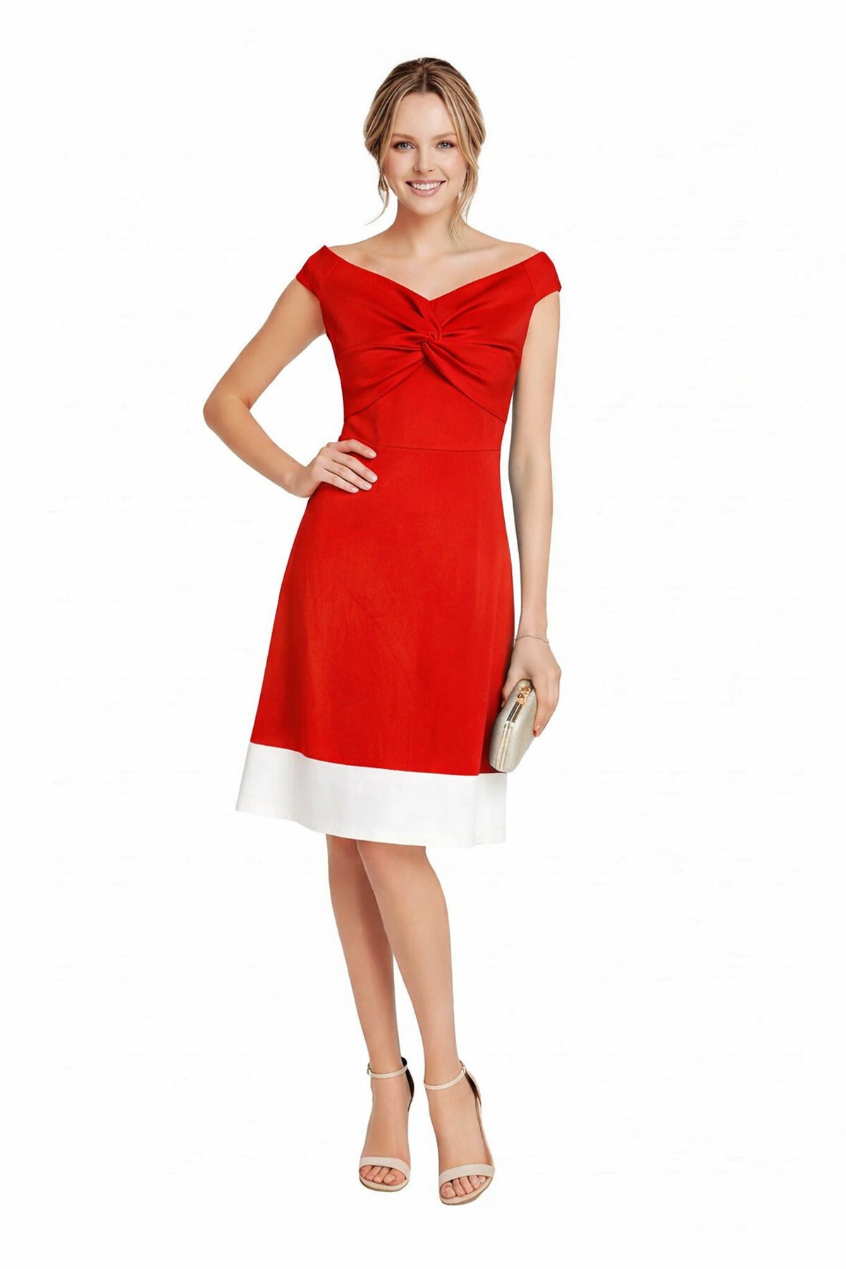 Kadın Kayık Yaka Kırmızı Volanlı Çan Kesim Şık Curve Gece Abiye/Mezuniyet Elbisesi