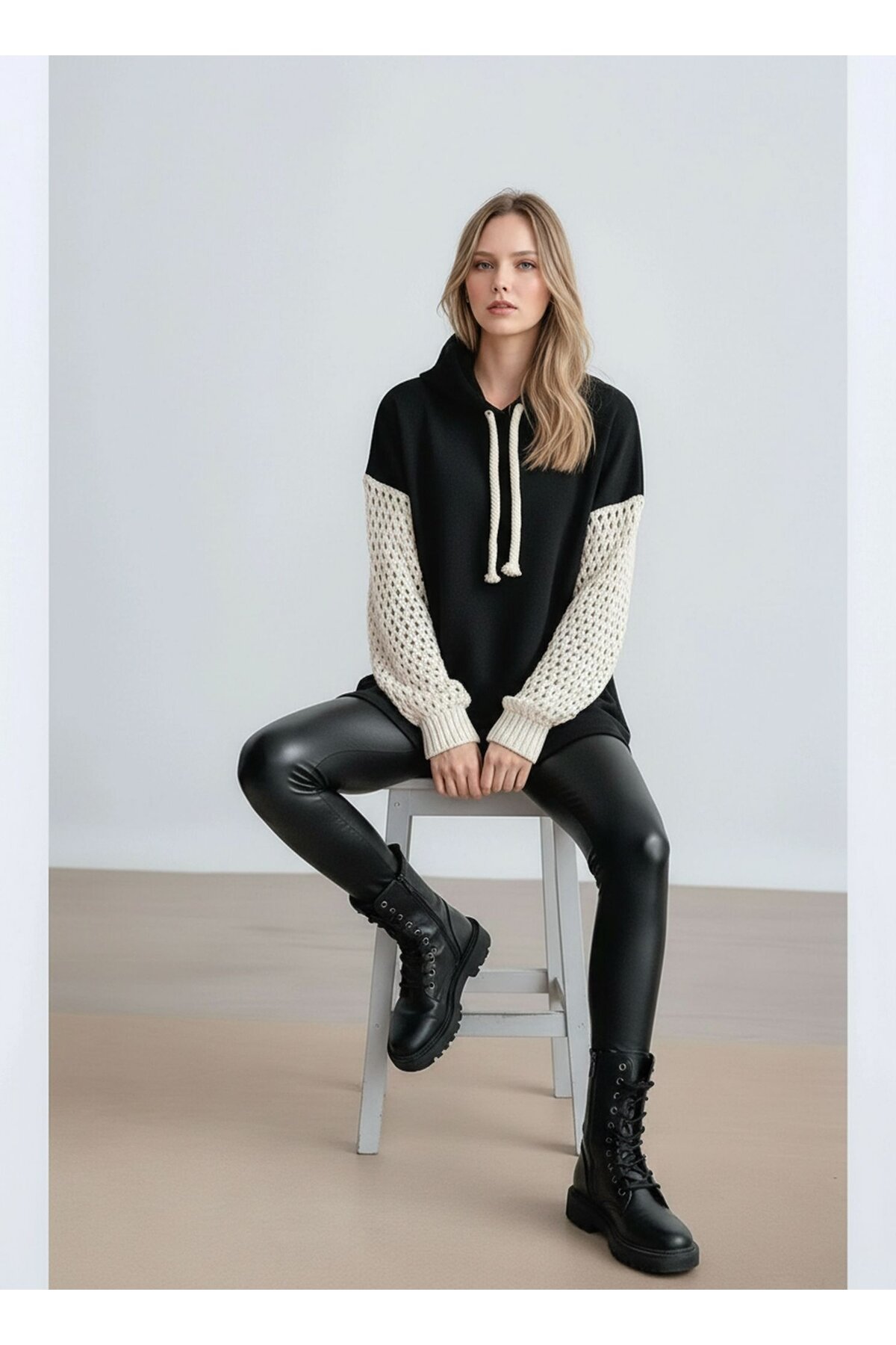 Kadın Kolları Örgü Triko Şık Tasarım Oversize Tunik Boy Zümrüt Yeşili Sweatshirt Kazak