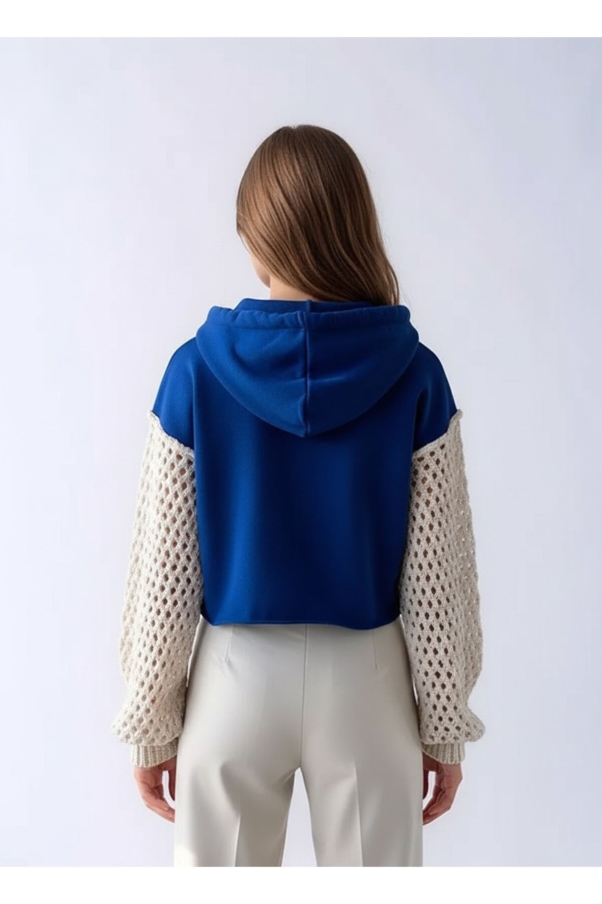 Kadın Kolları Örgü Triko Süper Şık Tasarım Oversize Crop Boy Saks Mavi Sweatshirt