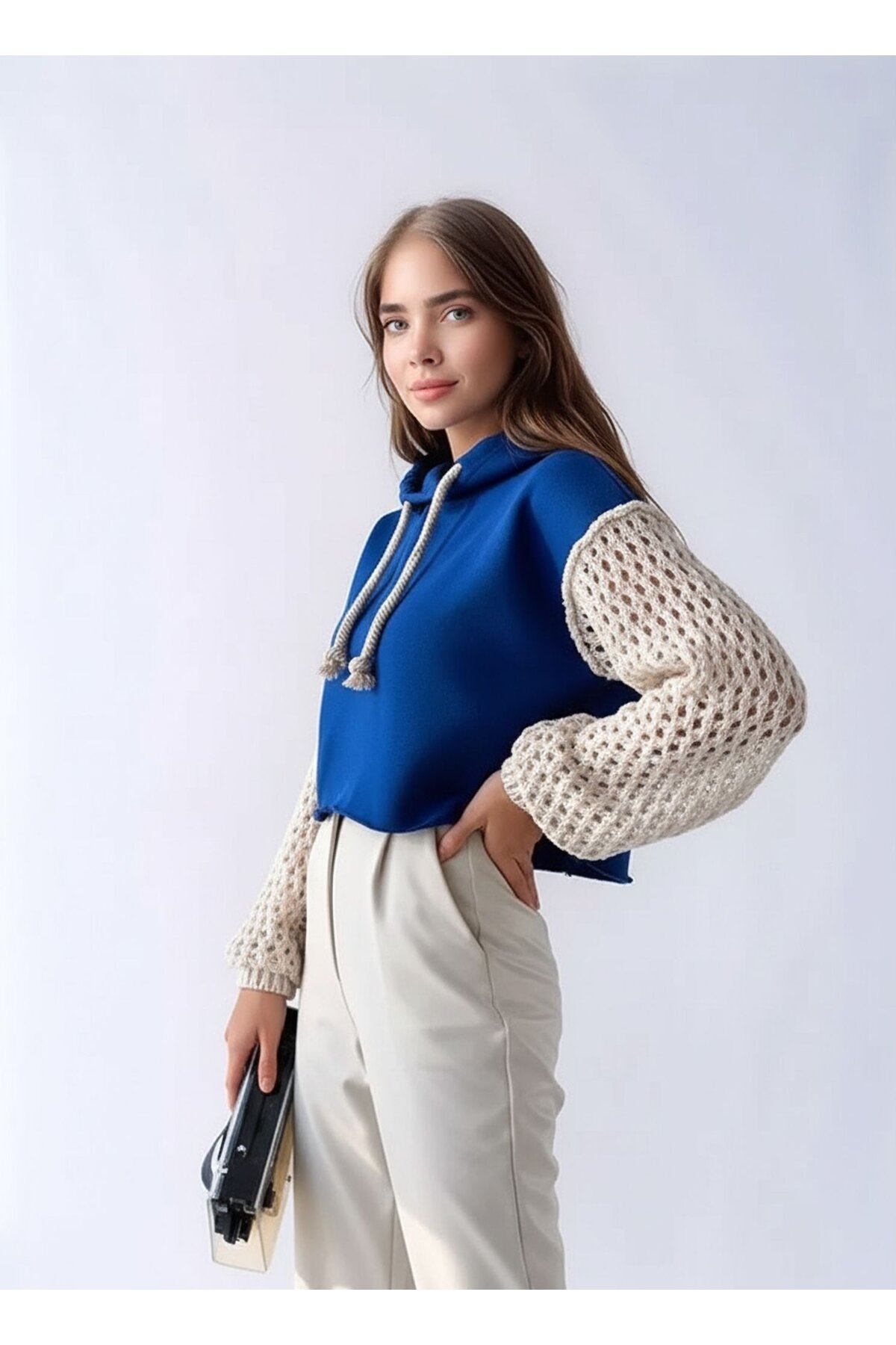 Kadın Kolları Örgü Triko Süper Şık Tasarım Oversize Crop Boy Saks Mavi Sweatshirt