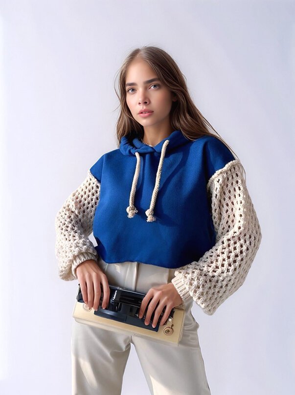 Kadın Kolları Örgü Triko Süper Şık Tasarım Oversize Crop Boy Saks Mavi Sweatshirt