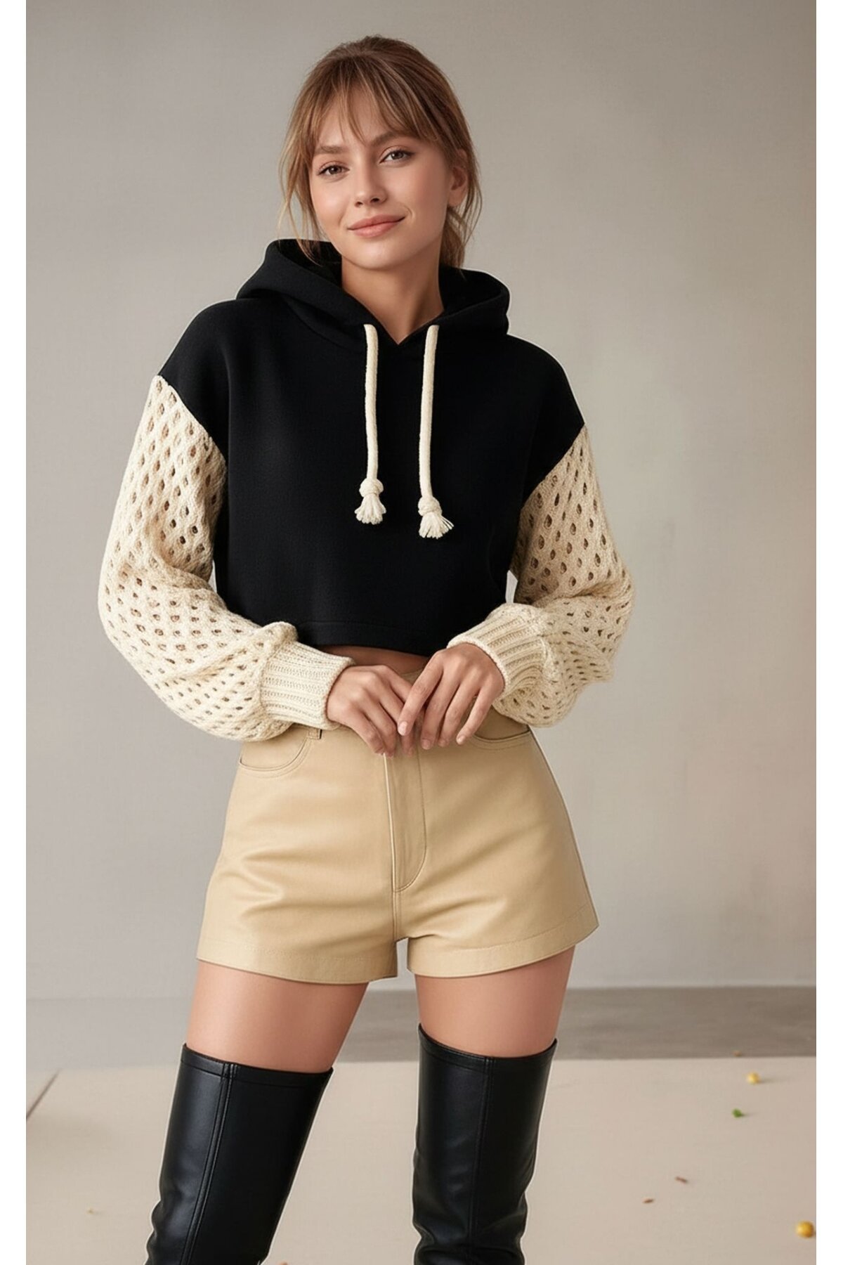 Kadın Kolları Triko 3iplik Şık Tasarım Geniş Kalıp Crop Boy Kapüşonlu Sweatshirt Kazak