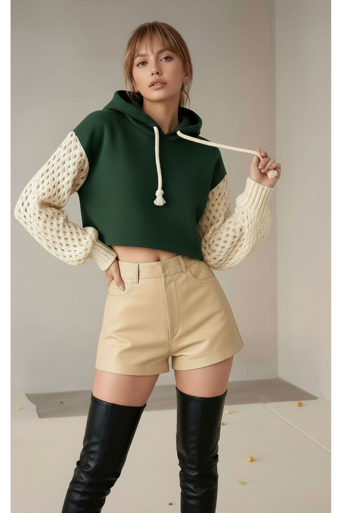 Kadın Kolları Triko 3iplik Şık Tasarım Geniş Kalıp Crop Boy Kapüşonlu Sweatshirt Kazak