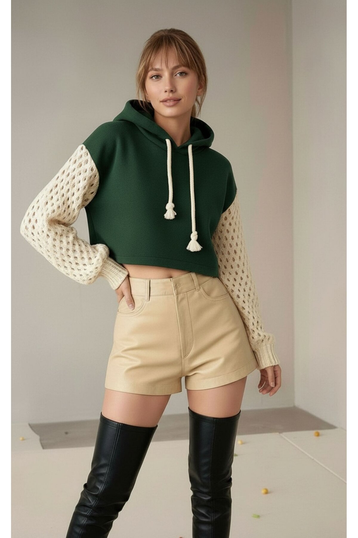 Kadın Kolları Triko 3iplik Şık Tasarım Geniş Kalıp Crop Boy Kapüşonlu Sweatshirt Kazak