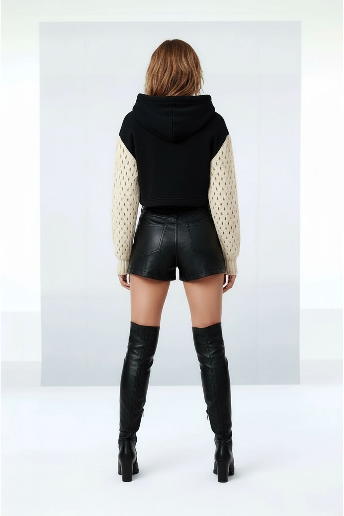 Kadın Kolları Triko File Örgü Şık Tasarım Crop Boy Kapüşonlu Sweatshirt Kazak