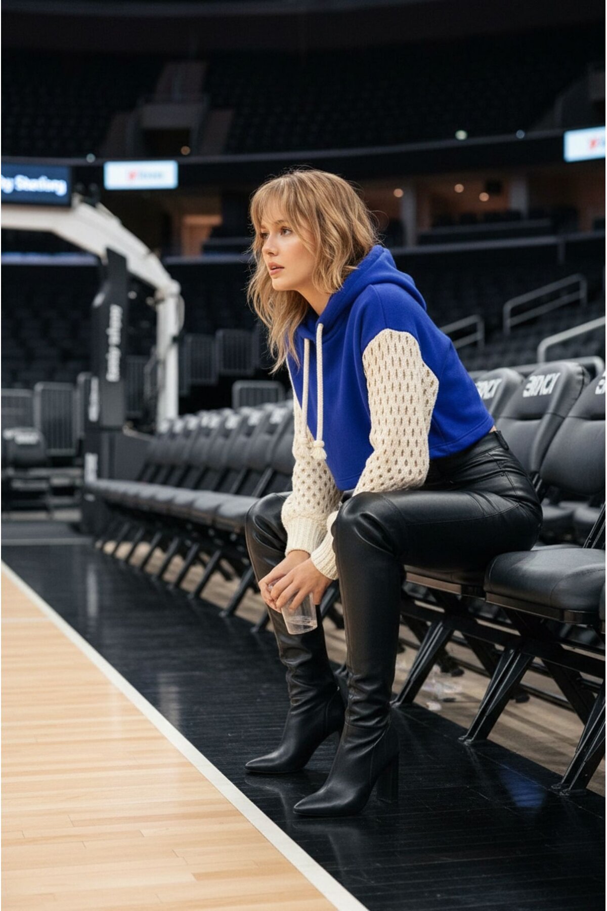 Kadın Kolları Triko File Örgü Şık Tasarım Crop Boy Kapüşonlu Sweatshirt Design Kazak