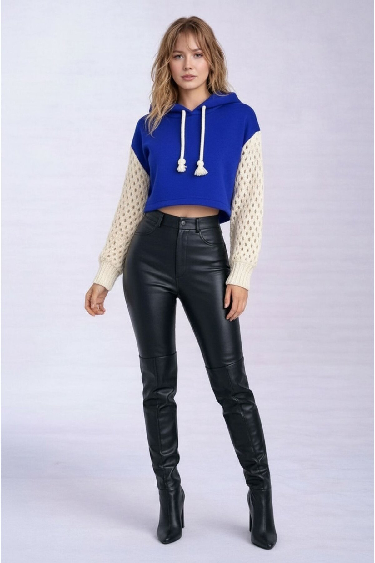 Kadın Kolları Triko File Örgü Şık Tasarım Crop Boy Kapüşonlu Sweatshirt Design Kazak