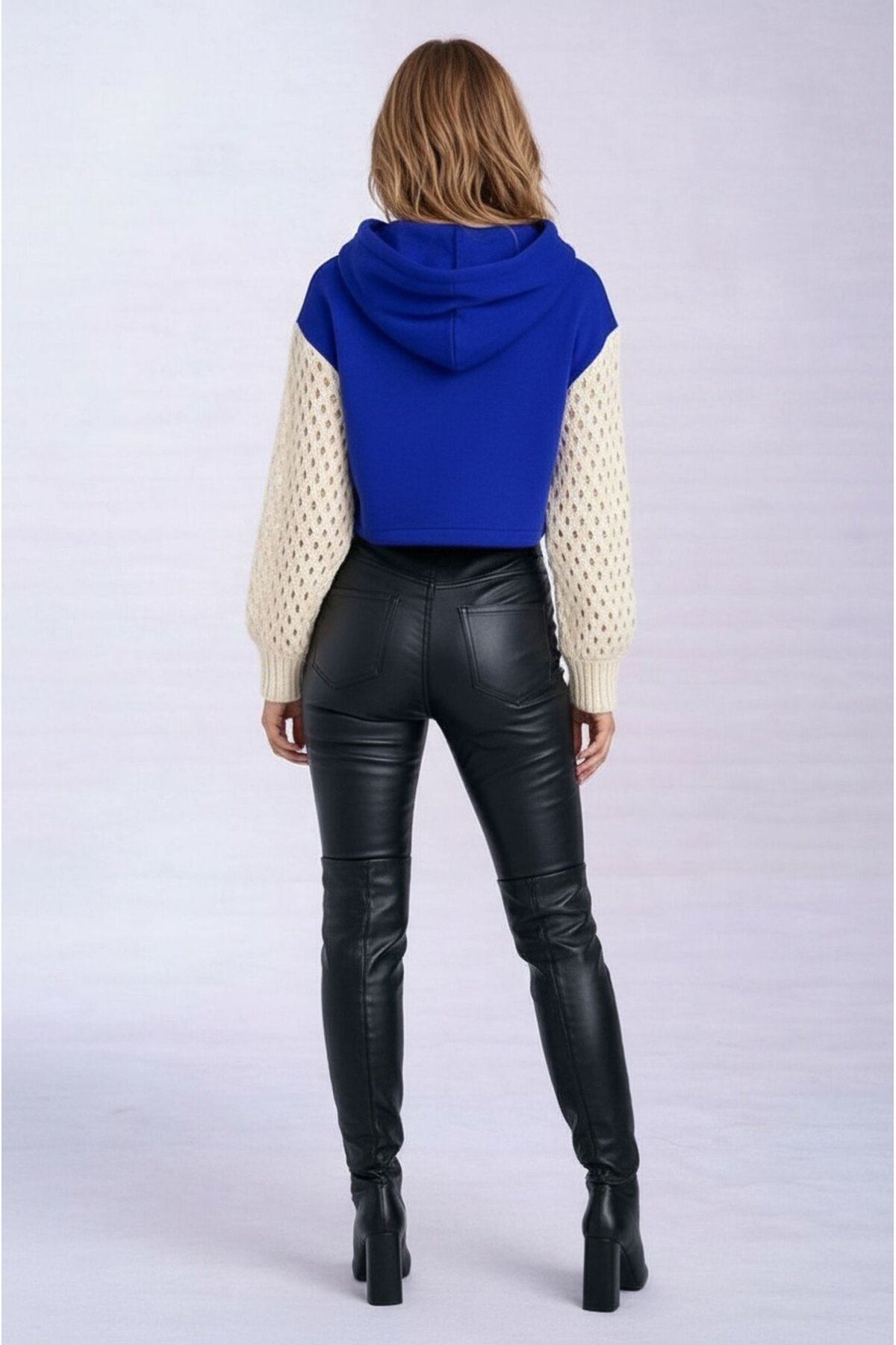 Kadın Kolları Triko File Örgü Şık Tasarım Crop Boy Kapüşonlu Sweatshirt Design Kazak