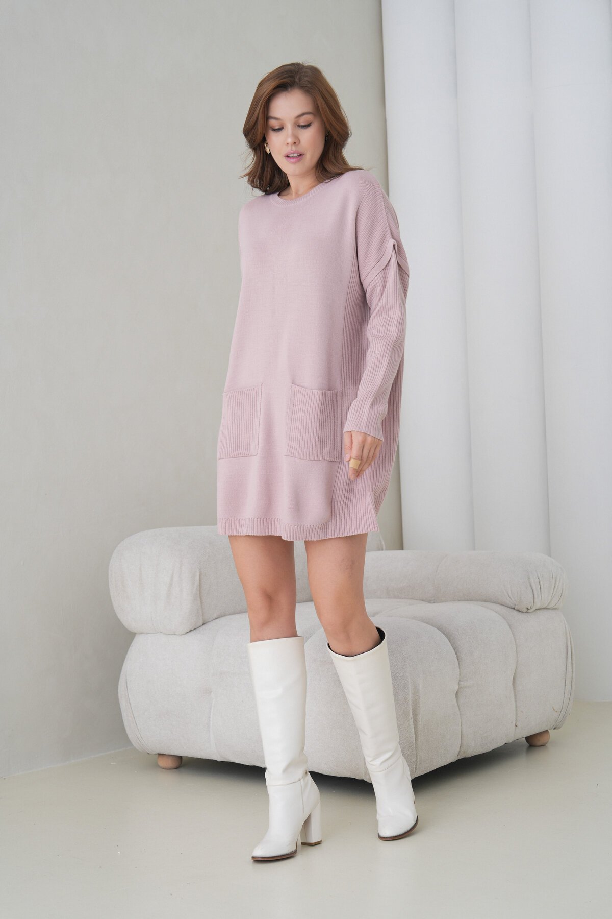 Kadın Kolları Uzun Kendinden Dokulu Bisiklet Yaka Tunik Boy Şık Kışlık Triko Kazak Cepli Elbise