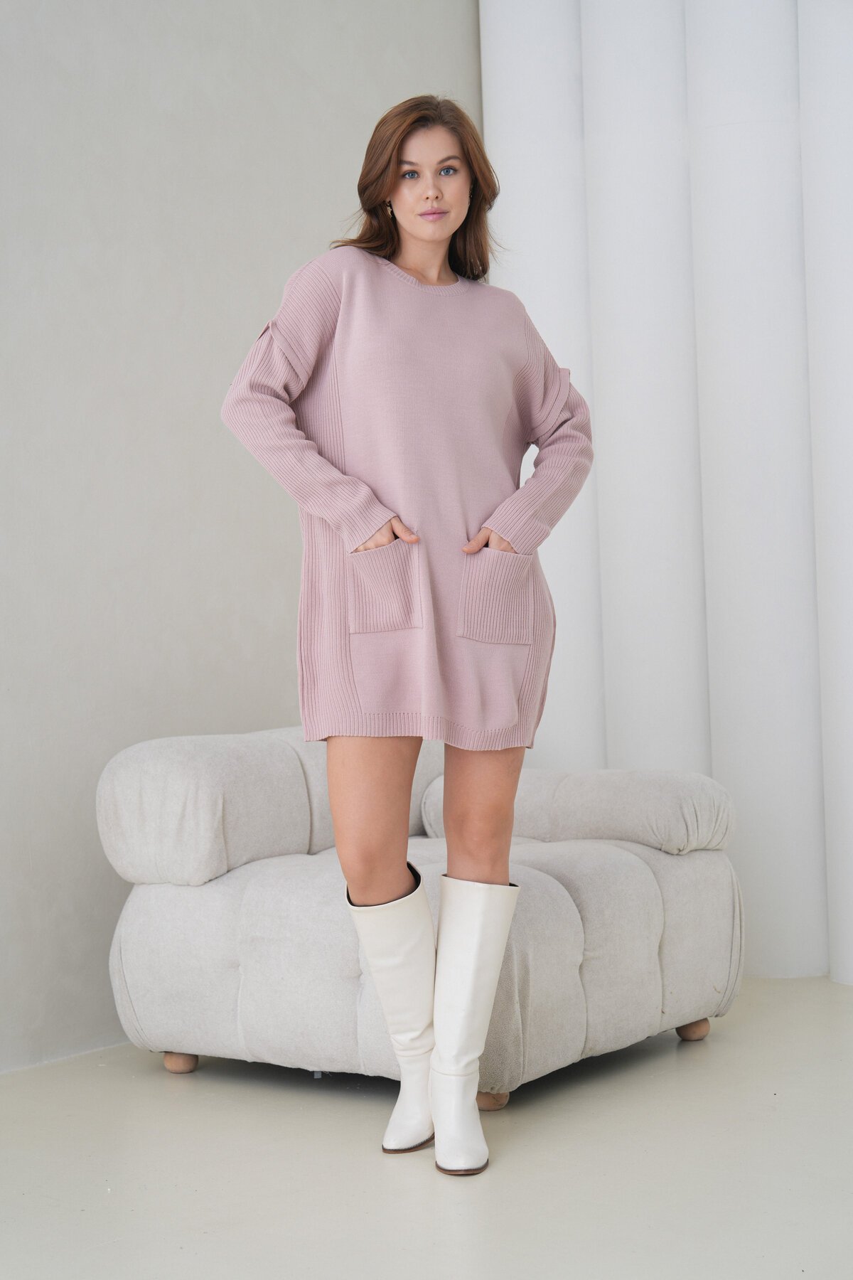 Kadın Kolları Uzun Kendinden Dokulu Bisiklet Yaka Tunik Boy Şık Kışlık Triko Kazak Cepli Elbise