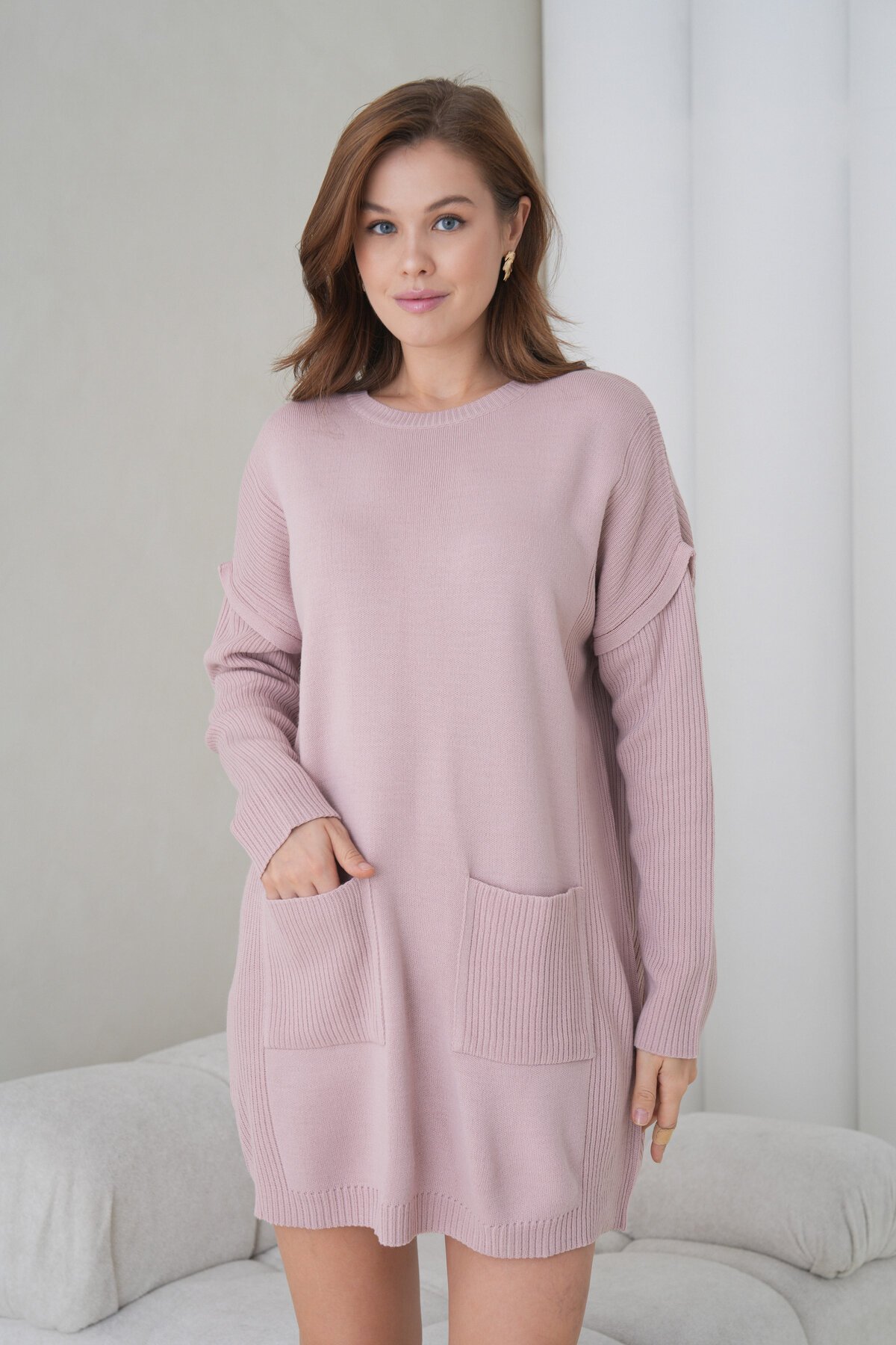 Kadın Kolları Uzun Kendinden Dokulu Bisiklet Yaka Tunik Boy Şık Kışlık Triko Kazak Cepli Elbise