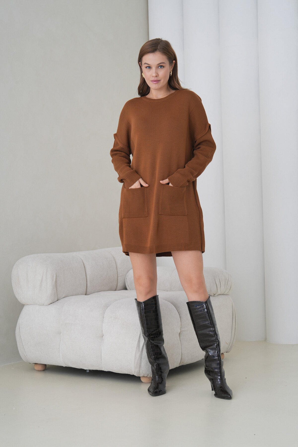 Kadın Kolları Uzun Kendinden Dokulu Bisiklet Yaka Tunik Boy Şık Kışlık Triko Kazak Cepli Elbise