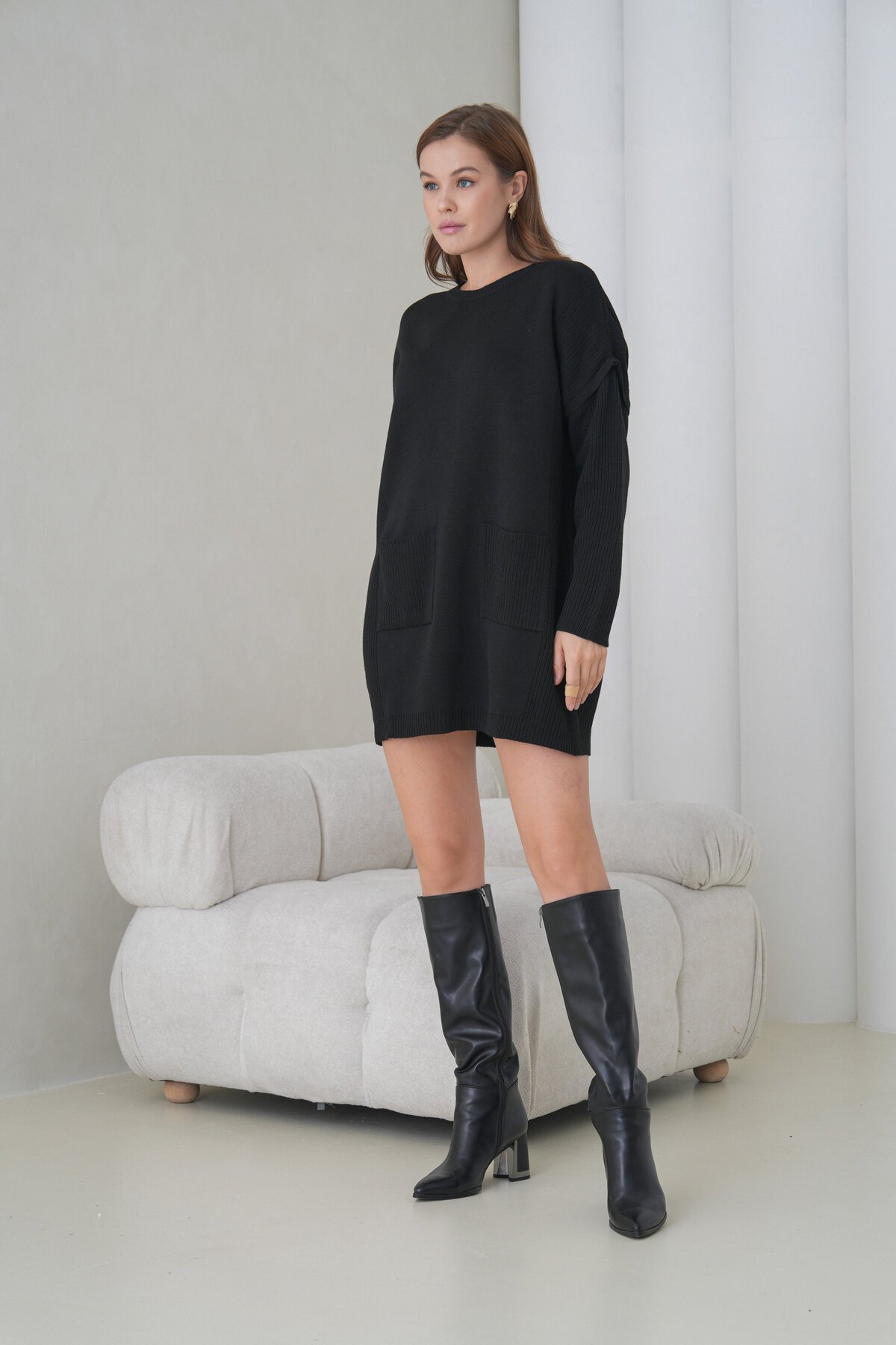 Kadın Kolları Uzun Kendinden Dokulu Bisiklet Yaka Tunik Boy Şık Kışlık Triko Kazak Cepli Elbise