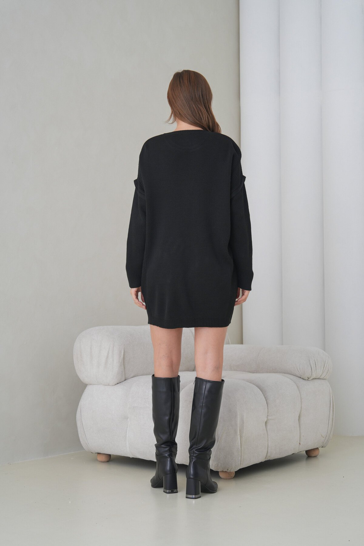 Kadın Kolları Uzun Kendinden Dokulu Bisiklet Yaka Tunik Boy Şık Kışlık Triko Kazak Cepli Elbise