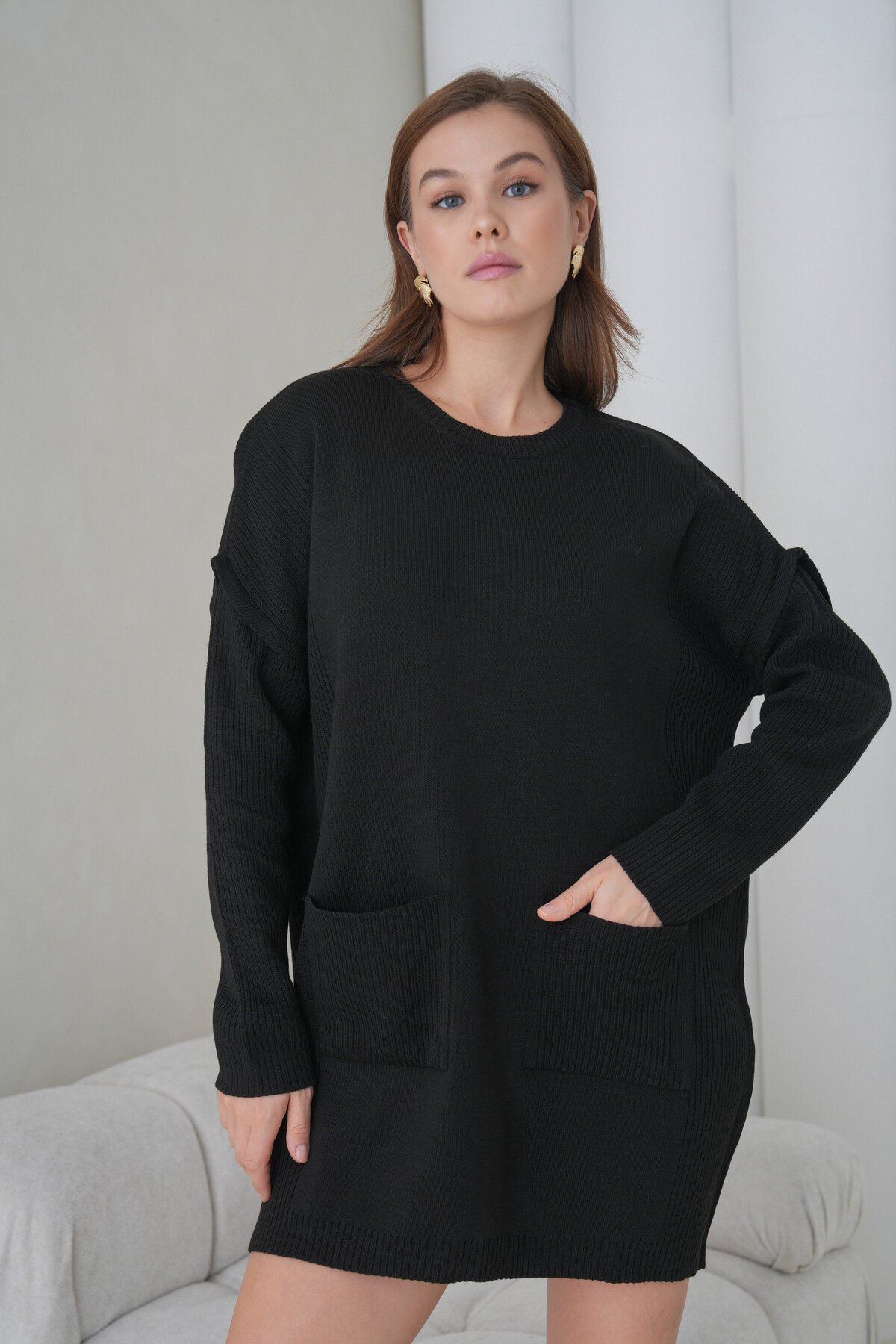 Kadın Kolları Uzun Kendinden Dokulu Bisiklet Yaka Tunik Boy Şık Kışlık Triko Kazak Cepli Elbise